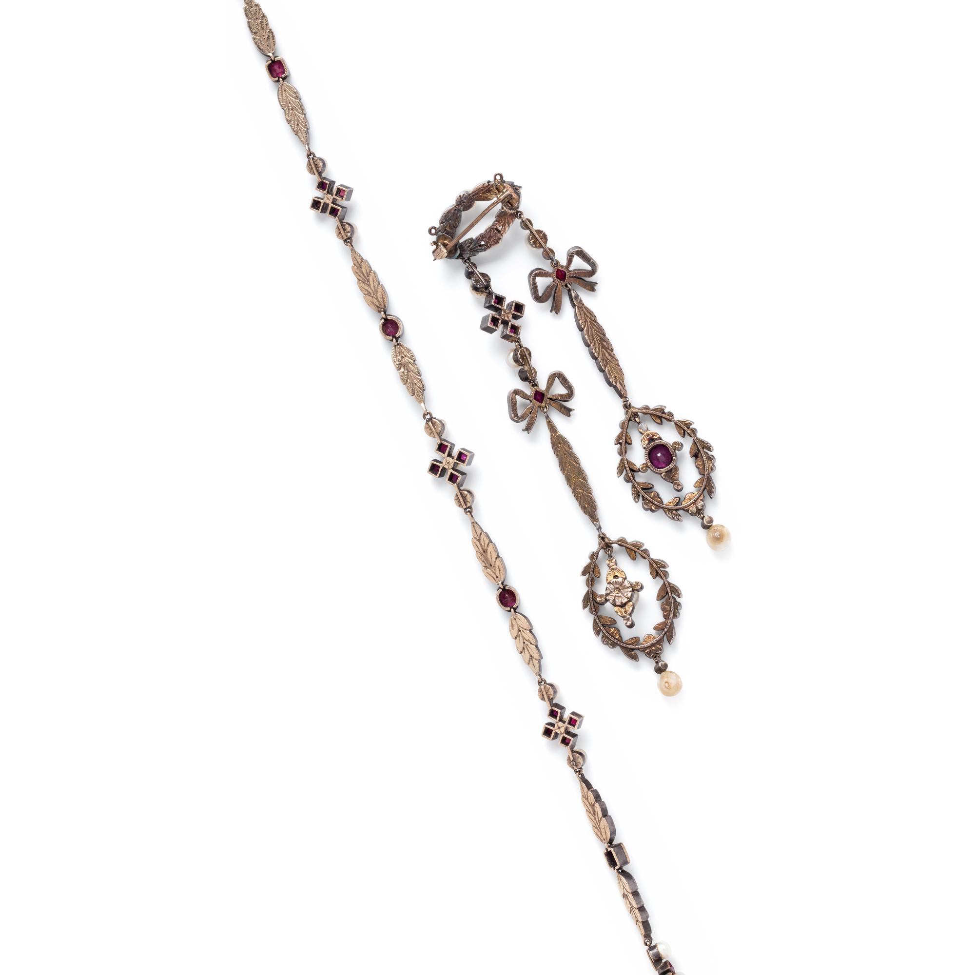 FRENCH, ANTIQUE, SILVER-TOPPED GOLD, RUBY, PEARL AND DIAMOND SET