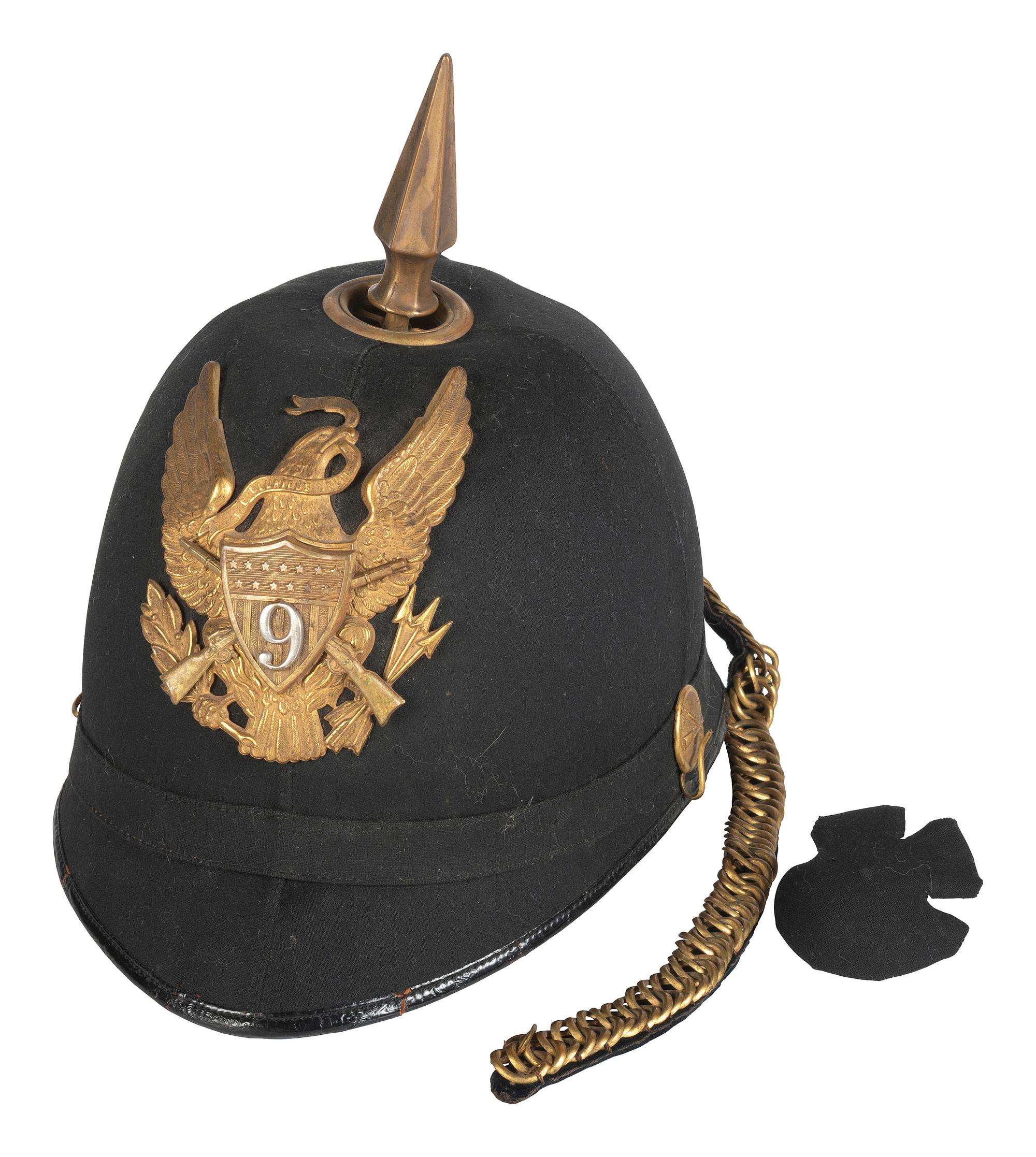 [INDIAN WARS]. U.S. Army Model 1881 spiked pith helmet. Manufactured by Shannon, Miller & Crane (active 1880-1892), New York.