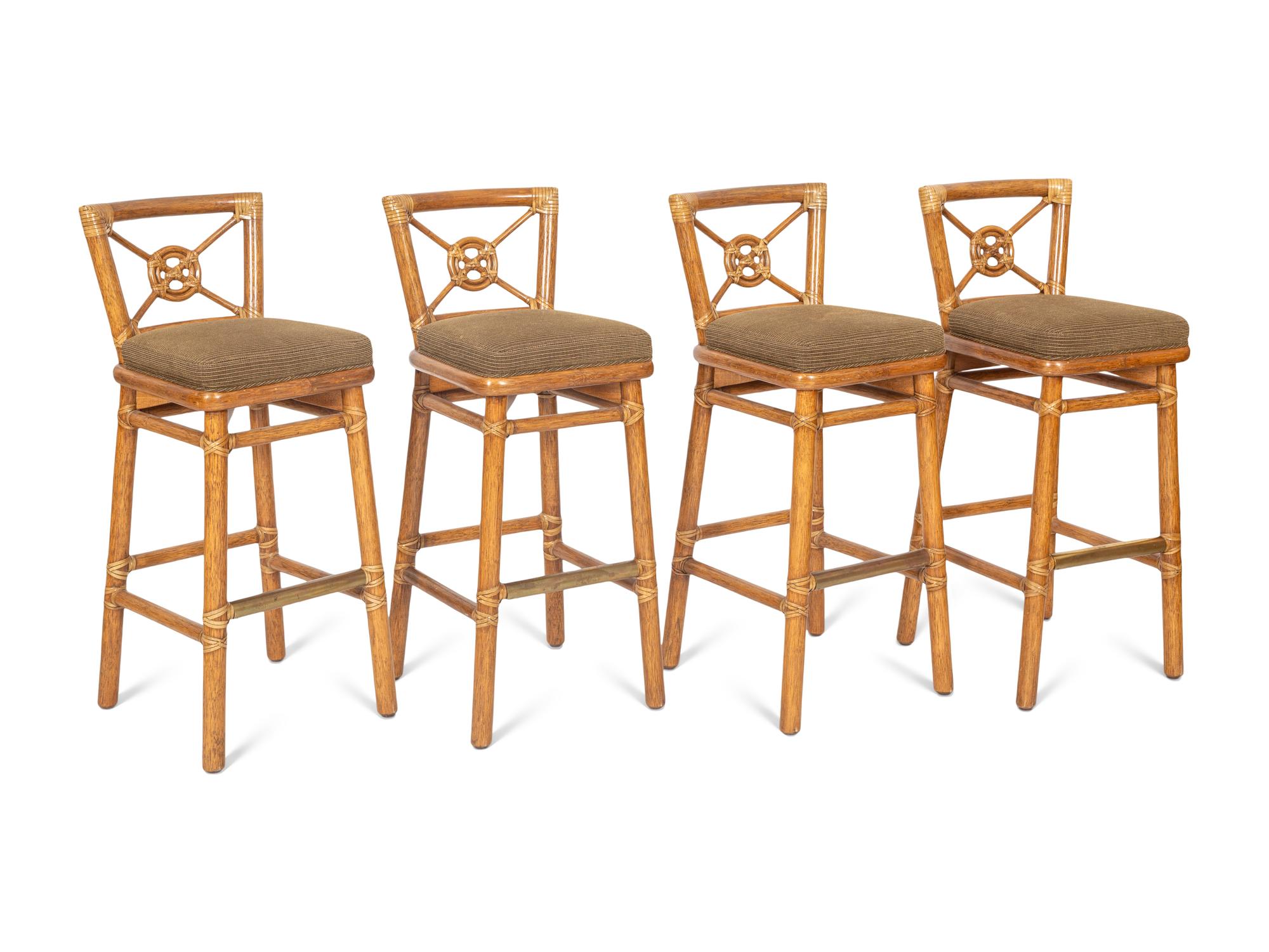 A Set of Four McGuire Rattan Target Bar Stools