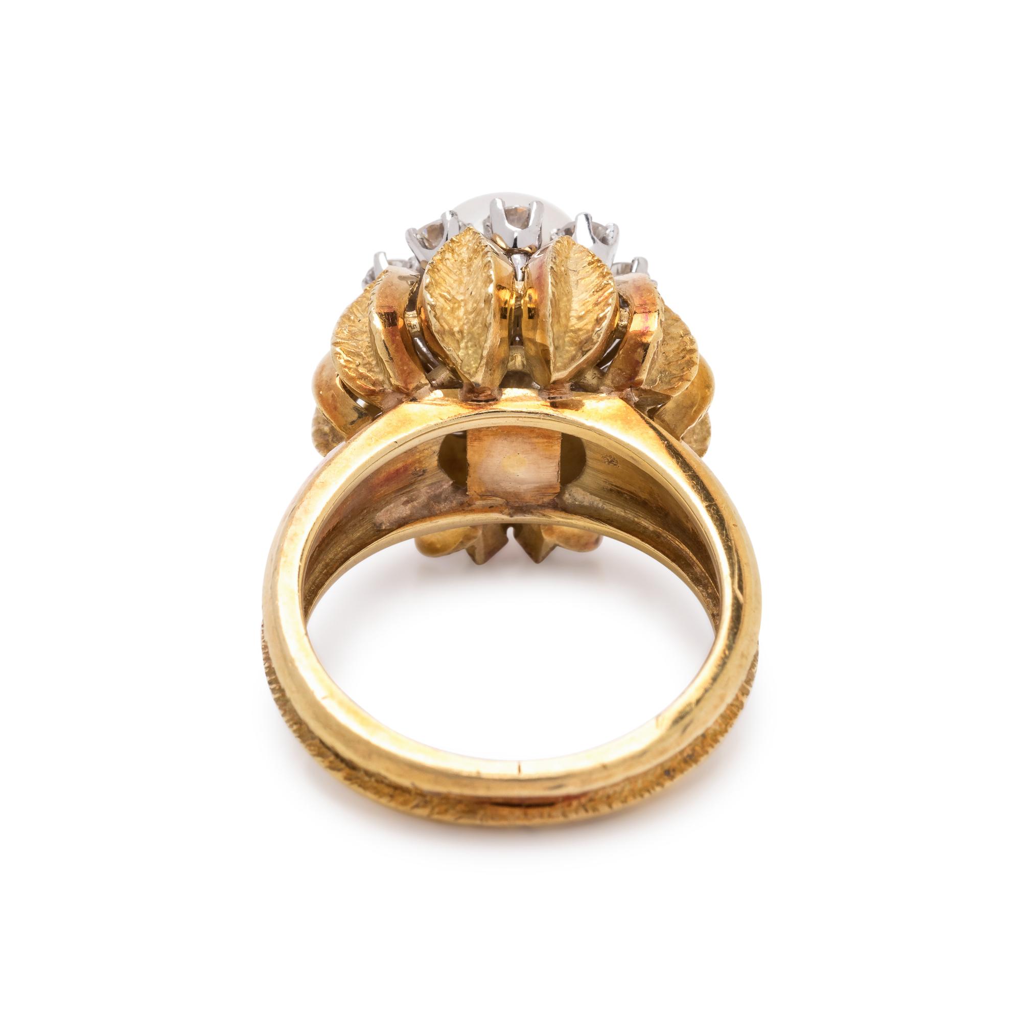 YELLOW GOLD, CULTURED PEARL AND DIAMOND RING
