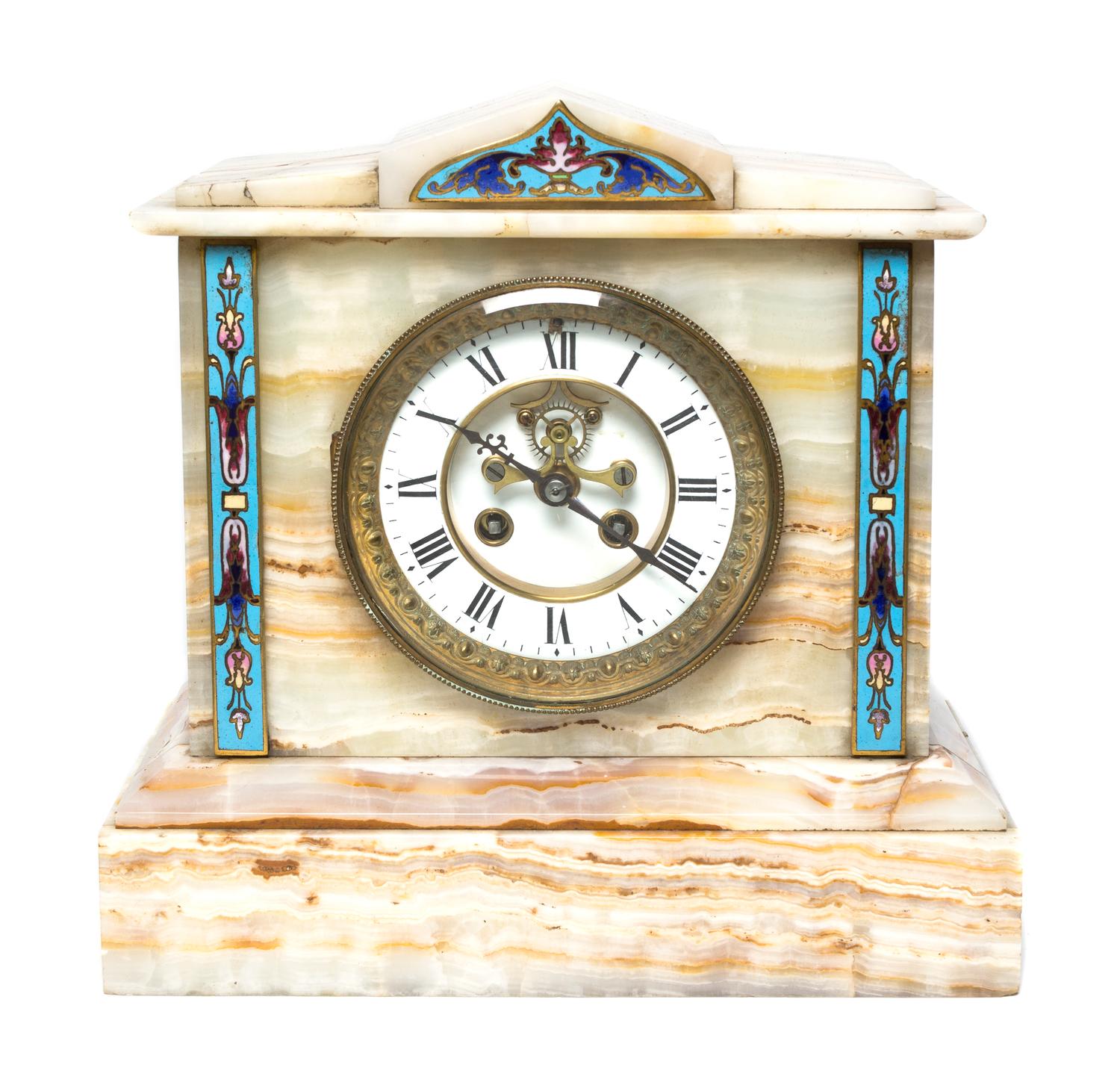 A French Onyx and Champleve Mounted Mantel Clock, Height 10 5/8 inches.