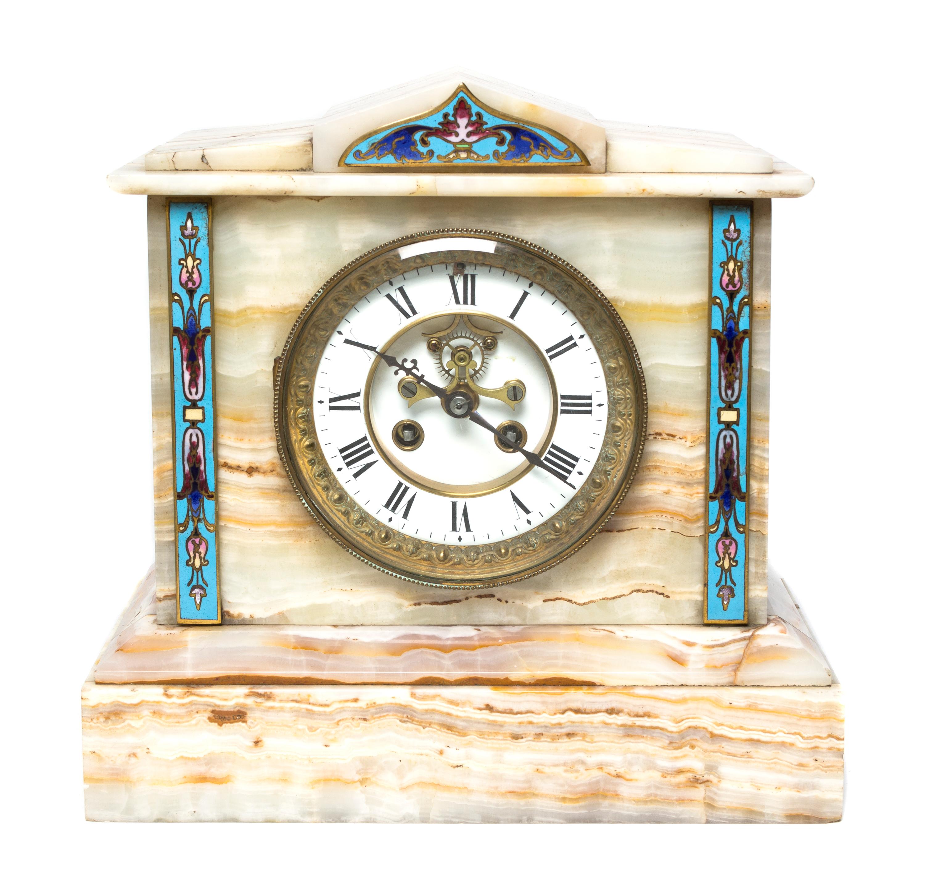 A French Onyx and Champleve Mounted Mantel Clock, Height 10 5/8 inches.