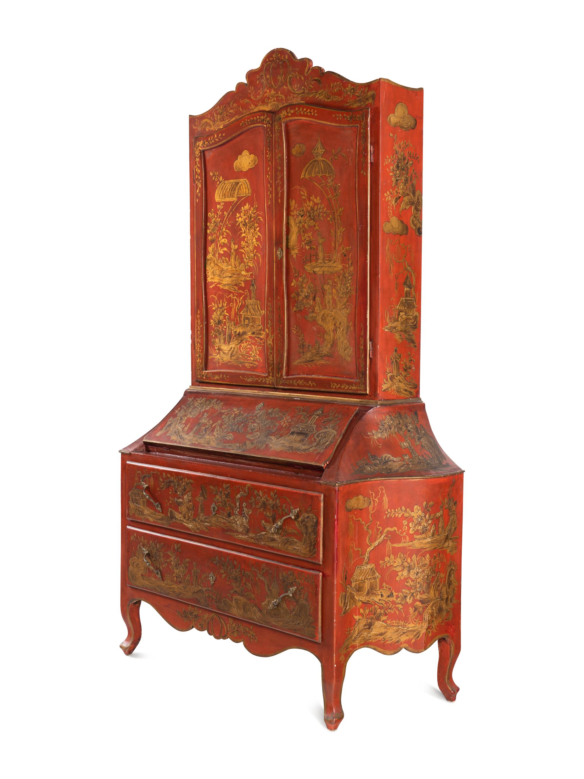An Italian Red and Gilt-Japanned Bureau Cabinet