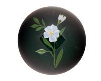 A Paul Stankard White Flower and Bud on Green Metallic Ground Glass Paperweight