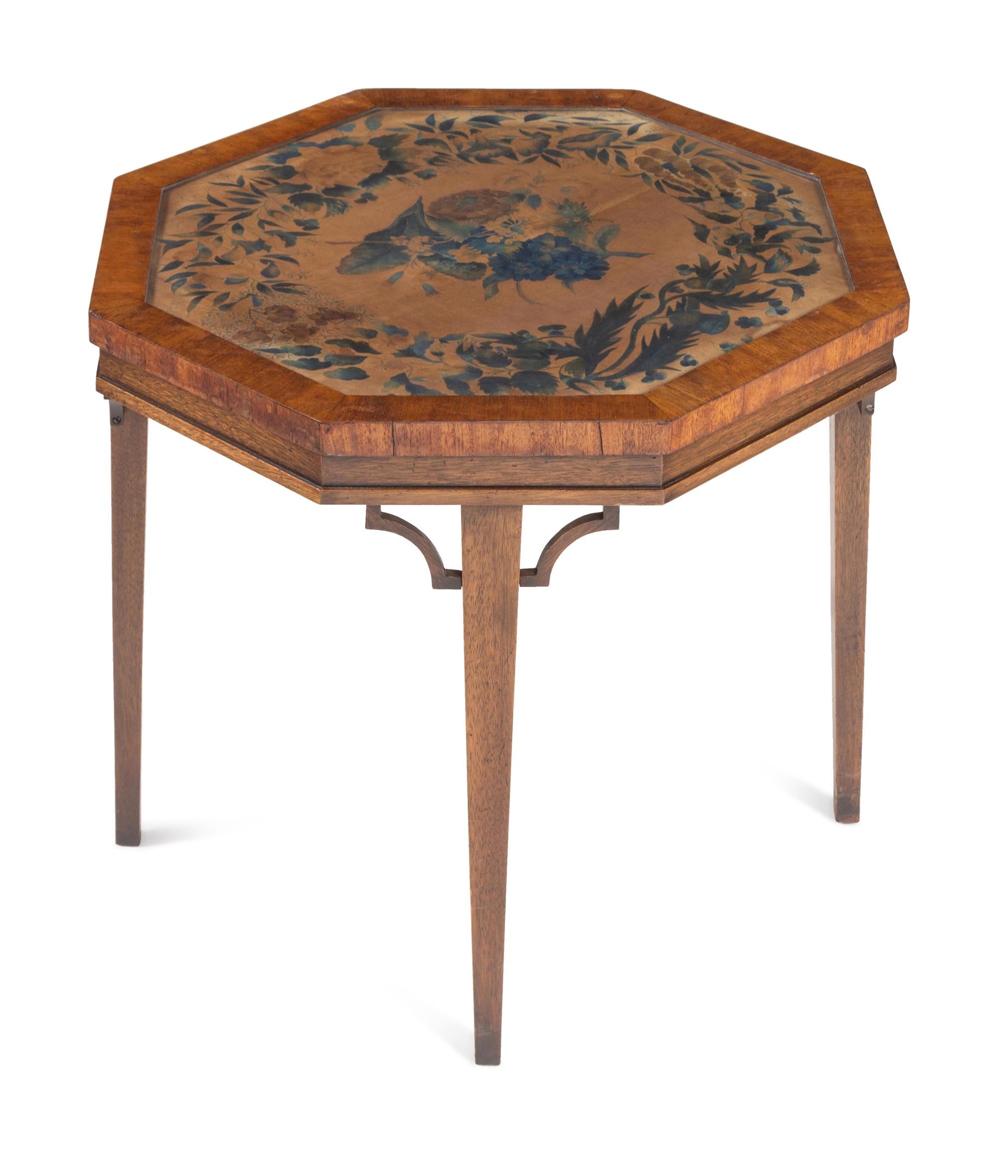 A Regency Painted Velvet, Glazed Hexagonal Table Top on Modern Stand