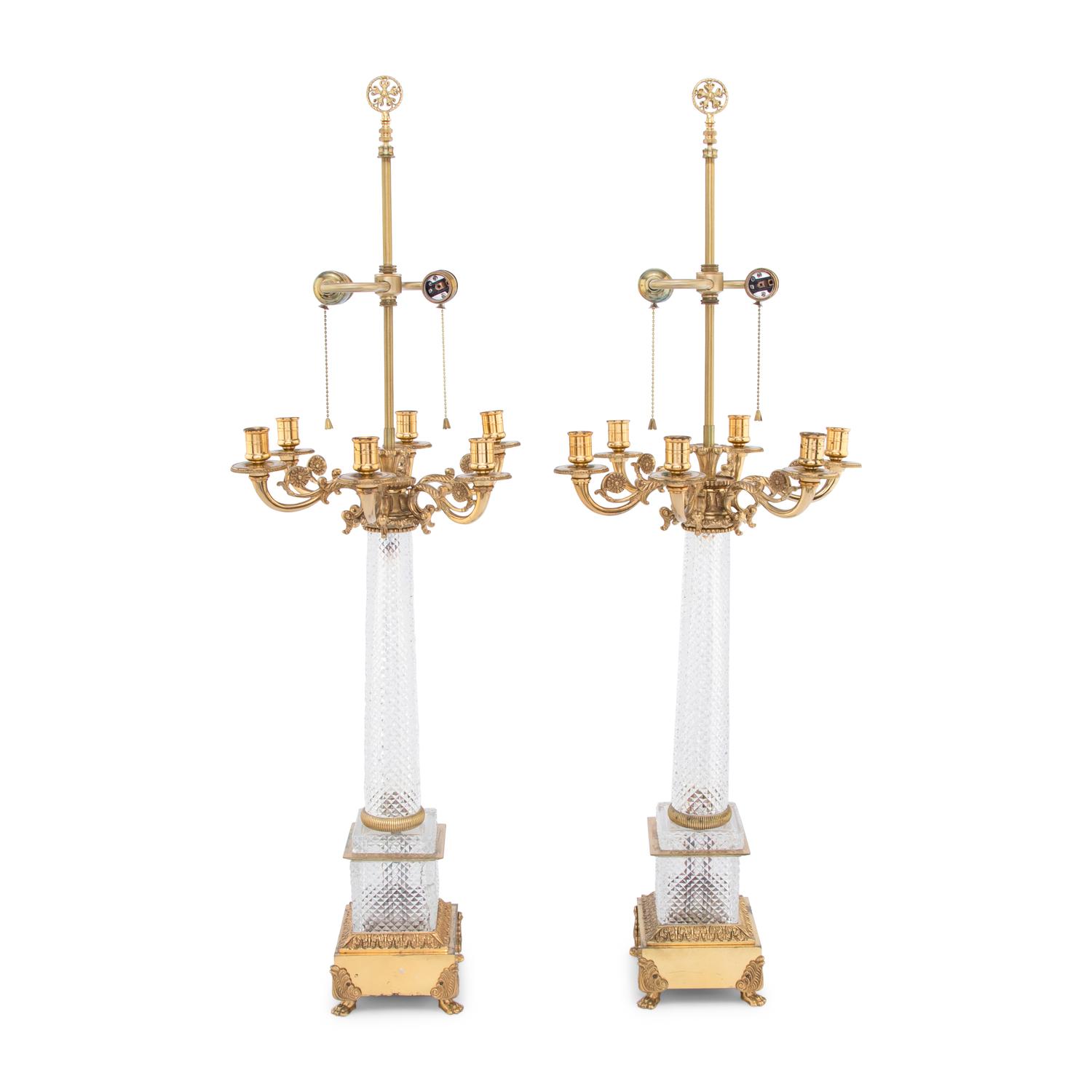 A Pair of French Gilt-Bronze and Cut Glass Table Lamps