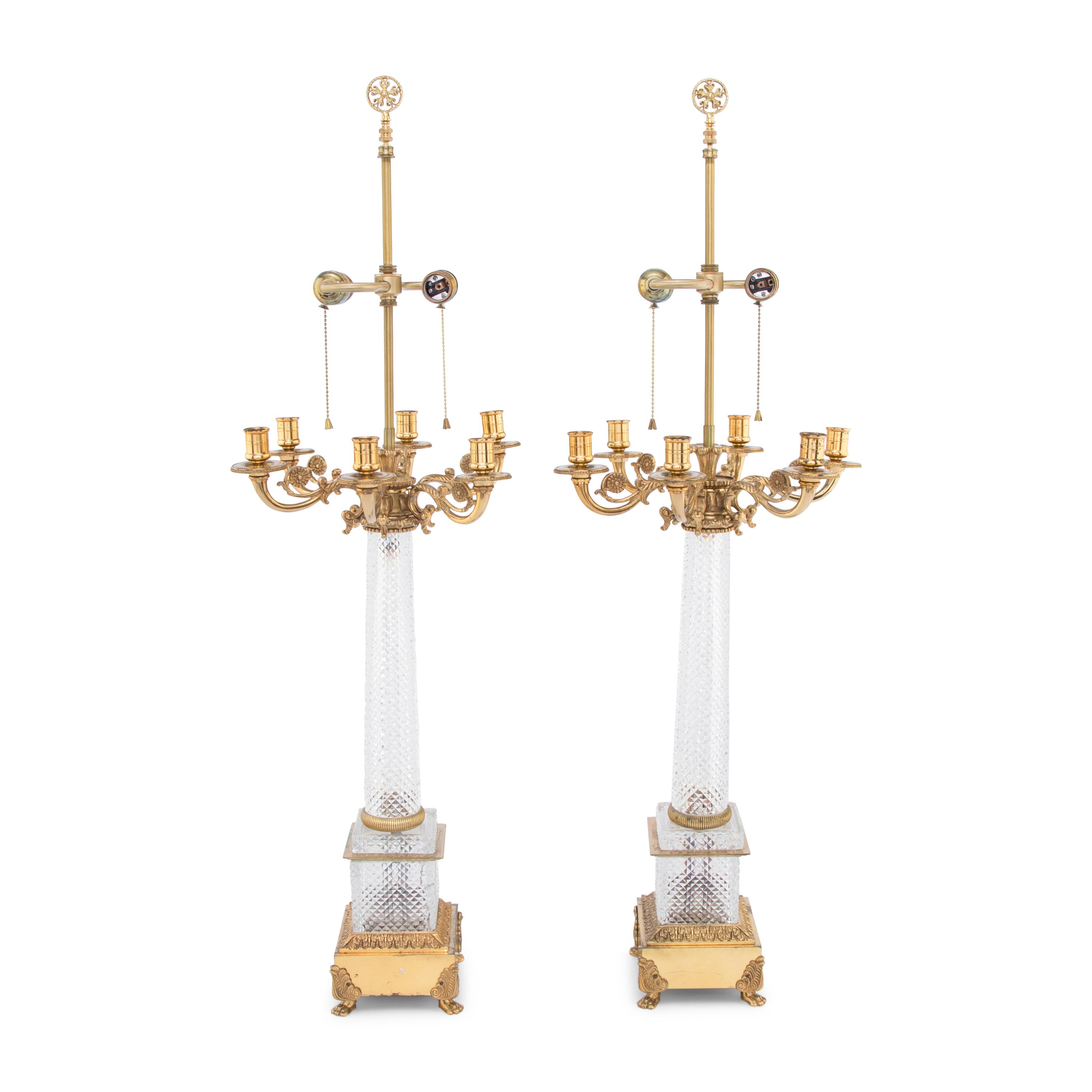 A Pair of French Gilt-Bronze and Cut Glass Table Lamps