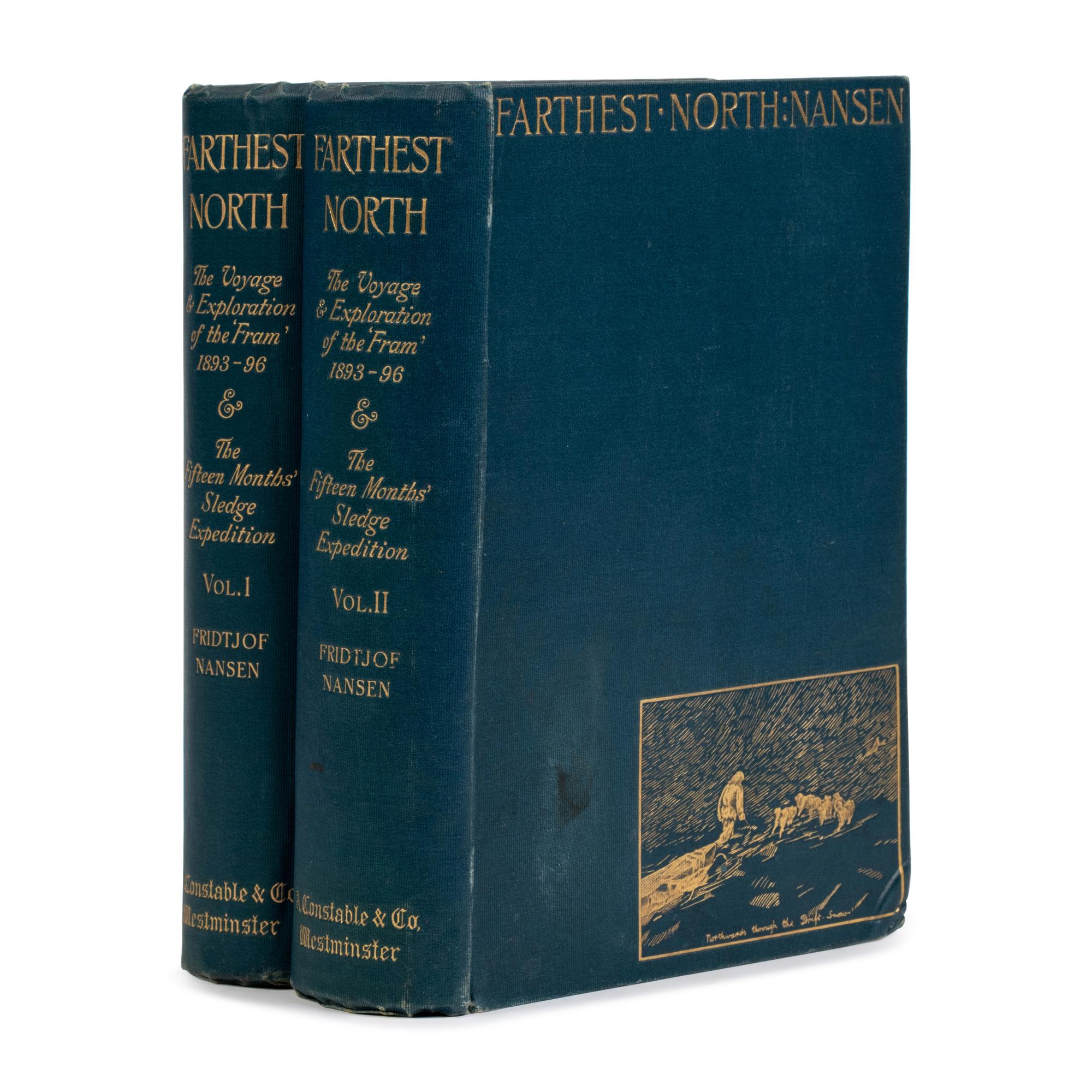 [Travel & Exploration]. Nansen, Fridtjof (1861-1930). Farthest North. Being the Record of a Voyage of Exploration of the Ship Fram 1893-96 and of a Fifteen Months' Sleigh Journey by Dr. Nansen and Lieut. Johansen. With an Appendix by Otto Sverdrup, Captain of the Fram . London: Archibald Constable and Co., 1897.