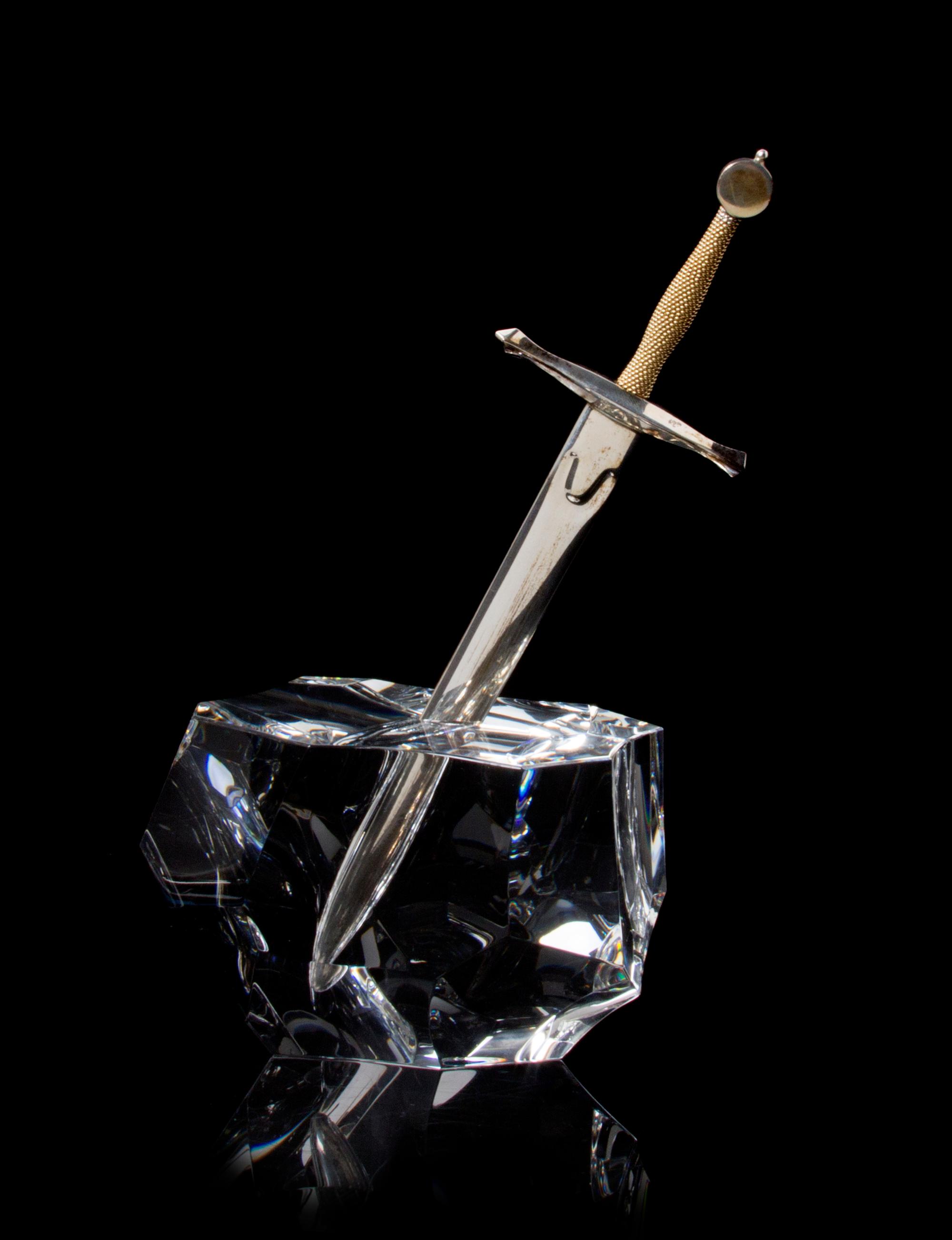A Steuben Glass, Sterling Silver and 18 Karat Yellow Gold Paperweight, Height 8 1/8 inches.