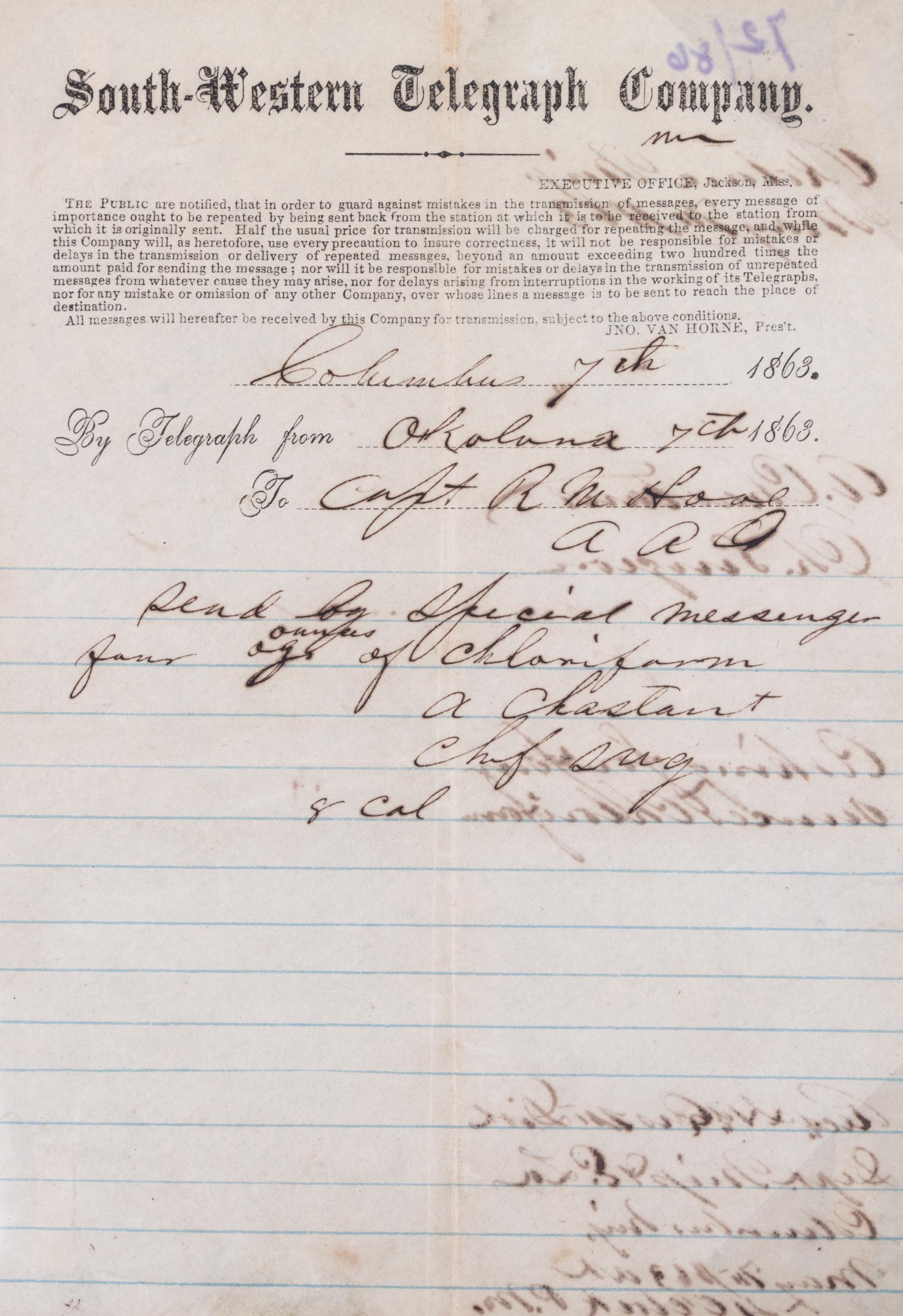 (CIVIL WAR) 12 telegrams from various generals, captains, and majors from March 1862 to Dec. 1864.