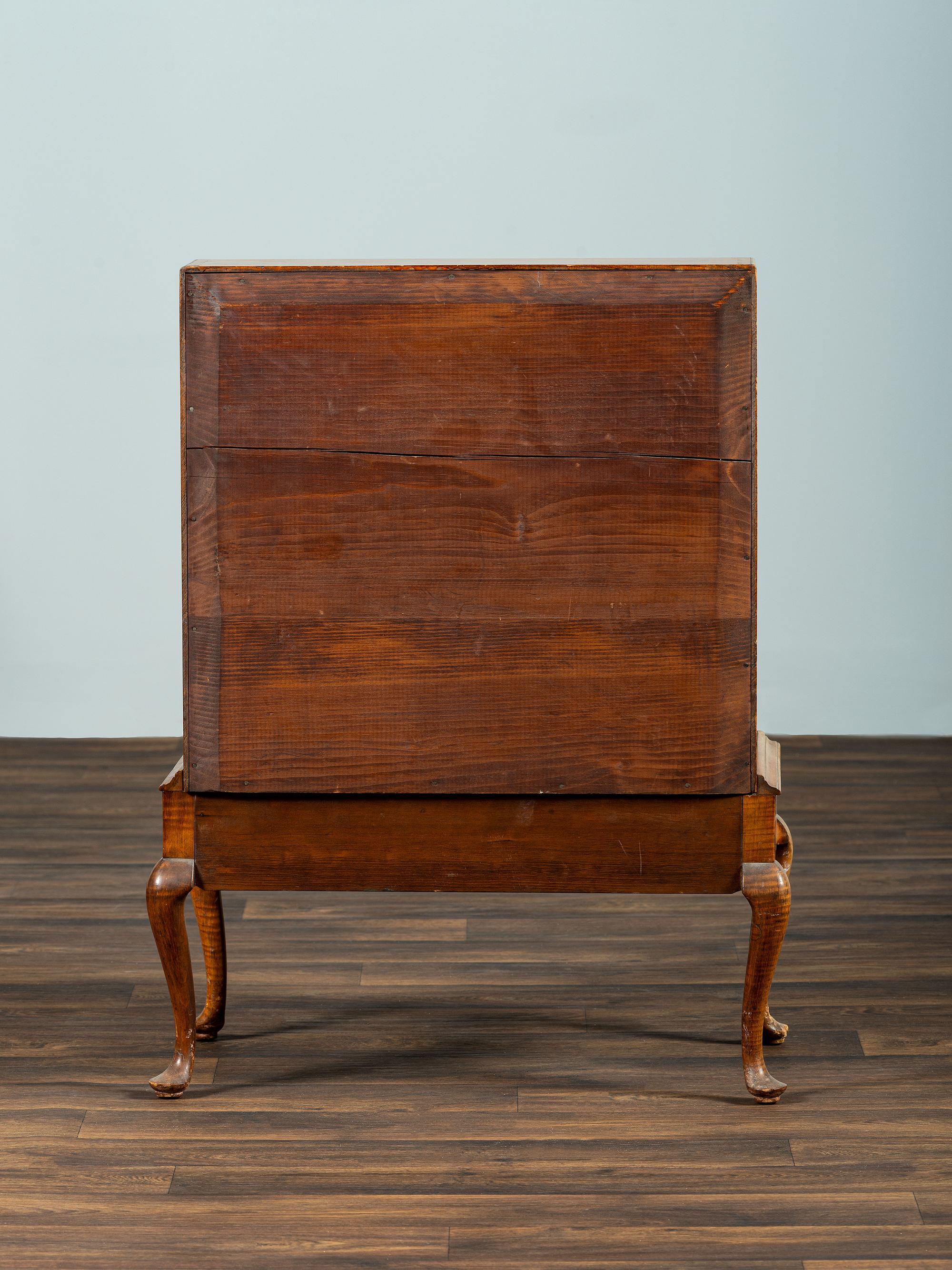 A Diminutive Queen Anne Style Tiger Maple Desk on Stand