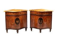 A Pair of George III Marquetry Marble-Top Corner Cabinets in the Manner of Mayhew and Ince