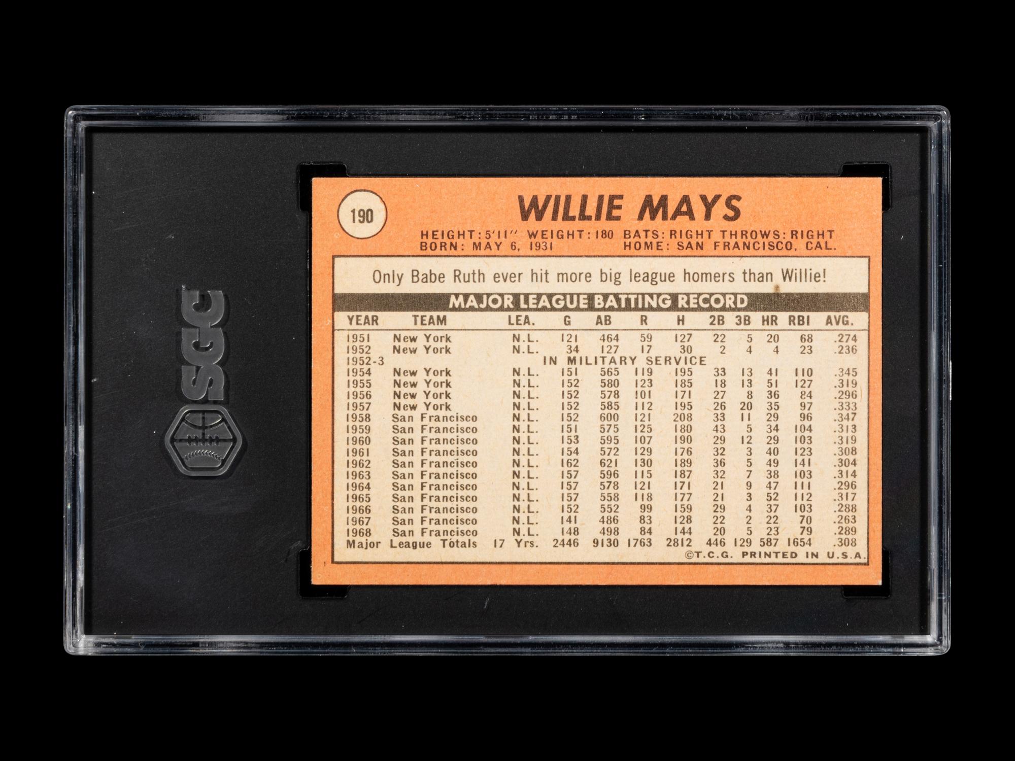 A 1969 Topps Willie Mays Baseball Card No. 190 (SGC 7 NEAR MINT)