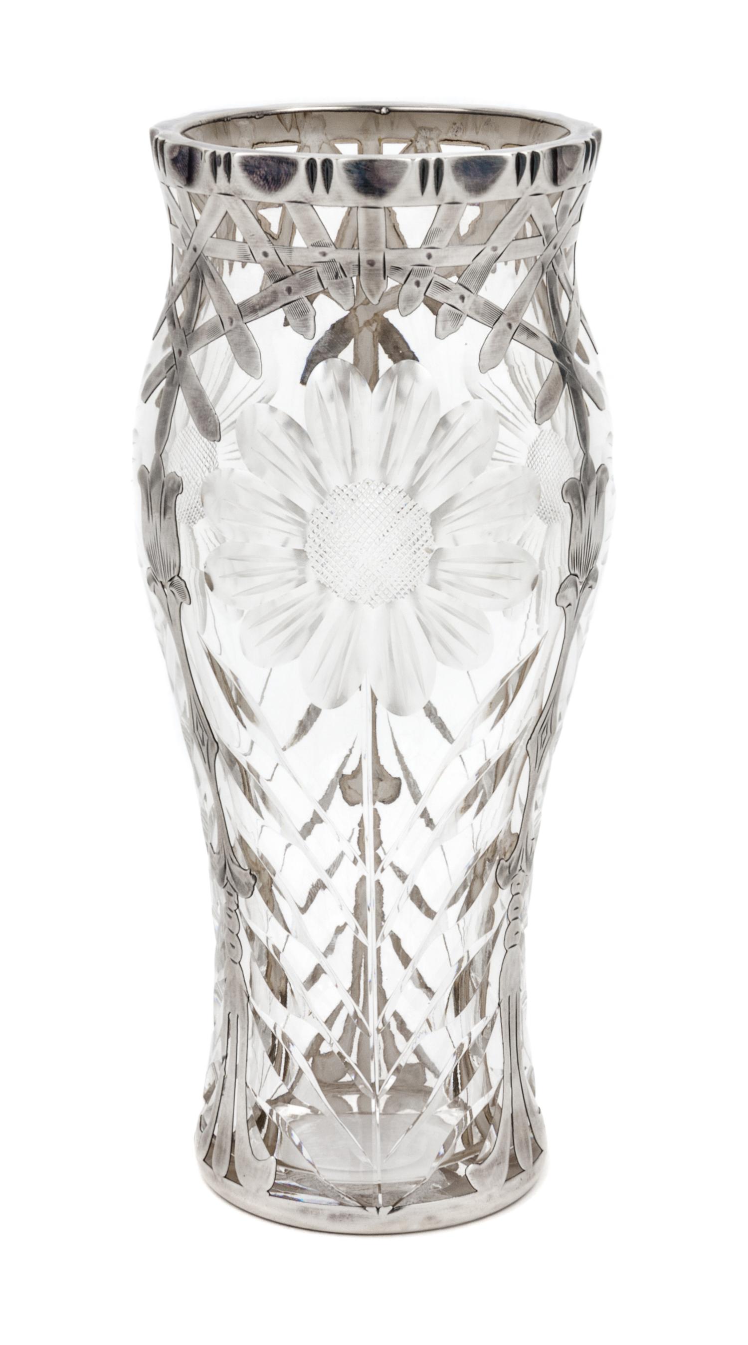 A Silver Overlay and Wheel Cut Glass Vase Height 7 3/8 inches. — RETAILED BY SHREVE, CRUMP & LOW CO.