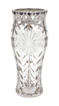 A Silver Overlay and Wheel Cut Glass Vase Height 7 3/8 inches. — RETAILED BY SHREVE, CRUMP & LOW CO.