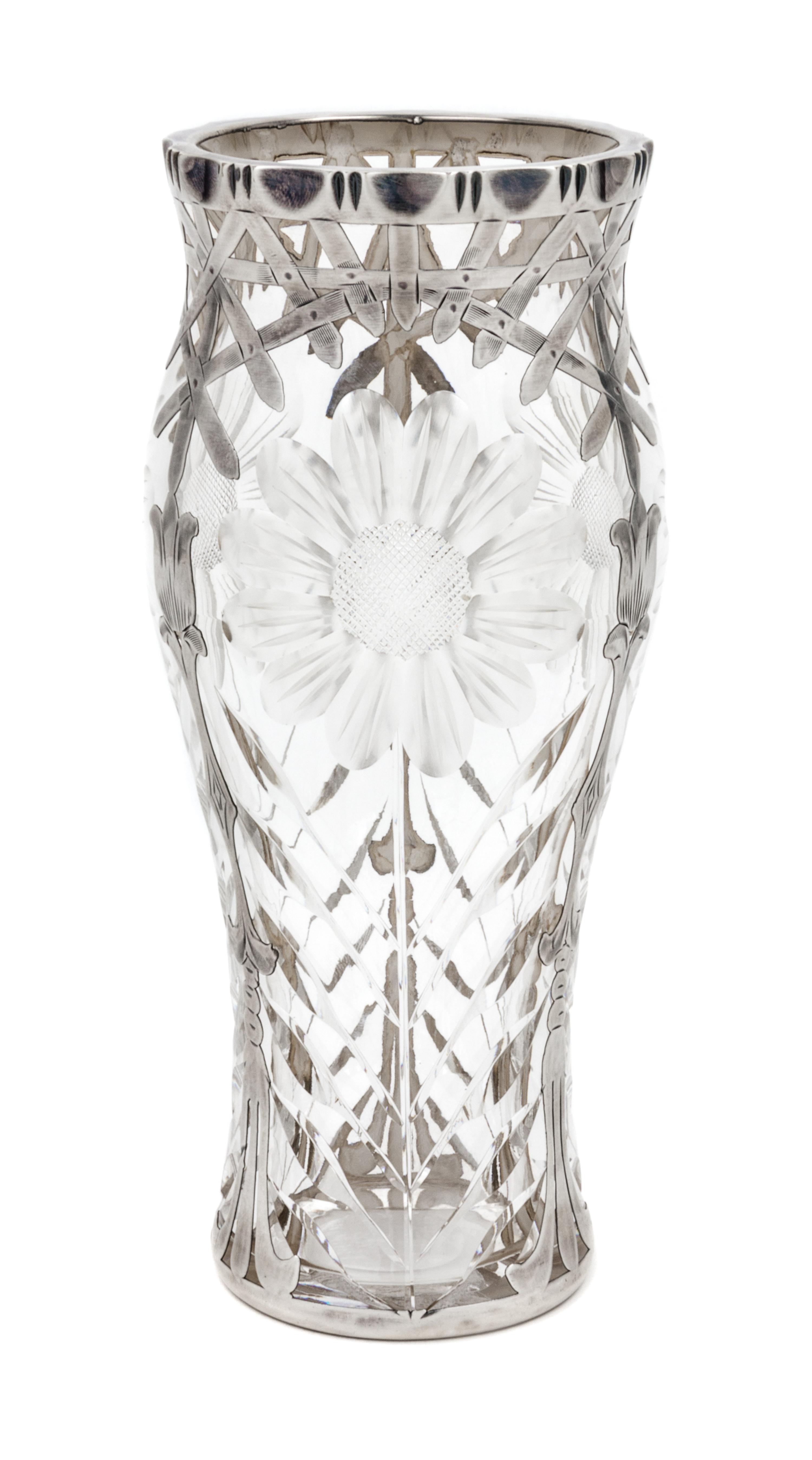 A Silver Overlay and Wheel Cut Glass Vase Height 7 3/8 inches. — RETAILED BY SHREVE, CRUMP & LOW CO.
