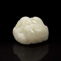 A Chinese white jade figural group depicting mandarin ducks 白玉雕双凫衔荷花 Qing Dynasty ?