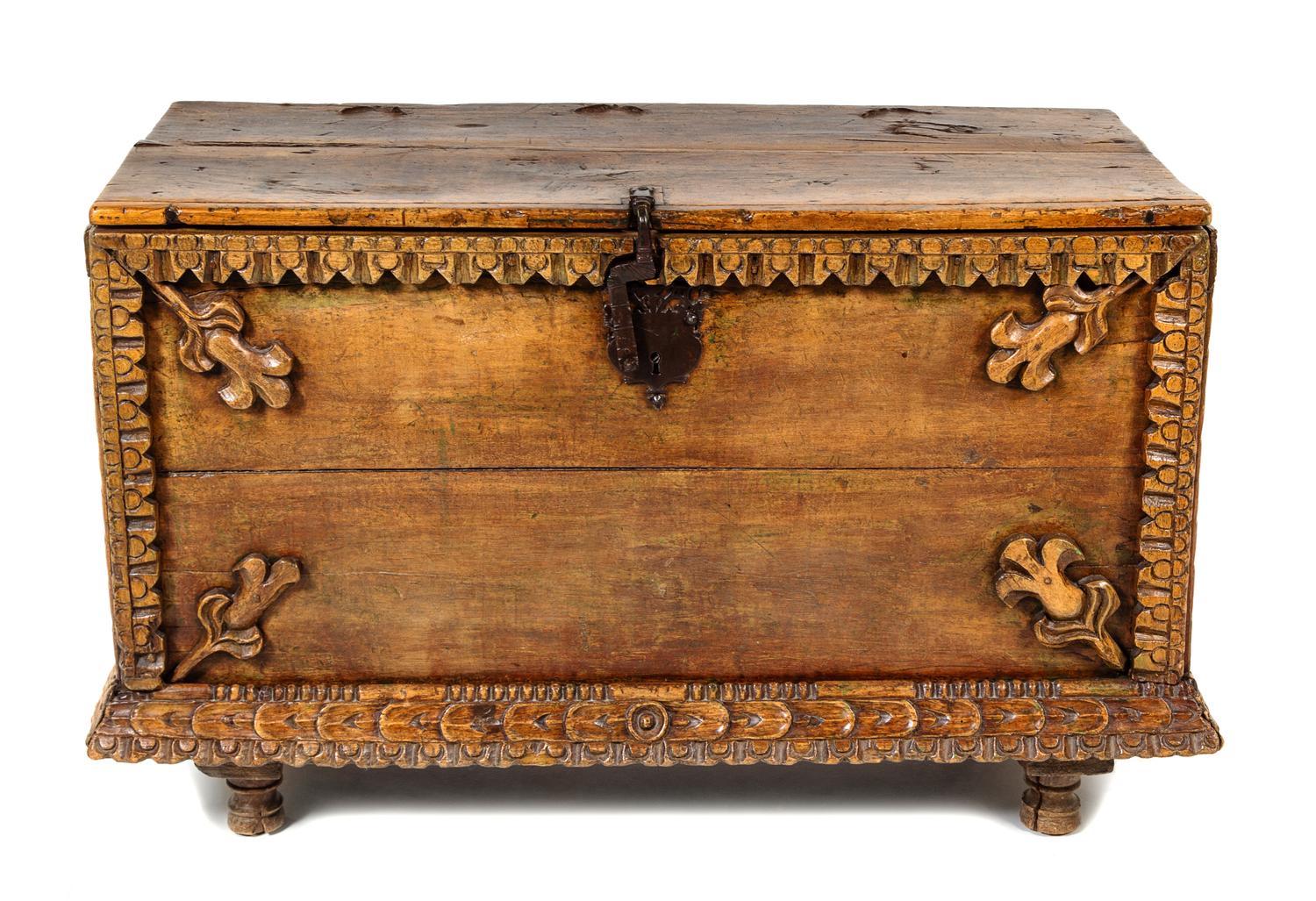 A Spanish Colonial Iron Mounted Trunk Height 32 x width 45 x depth 27 inches. — 18TH CENTURY