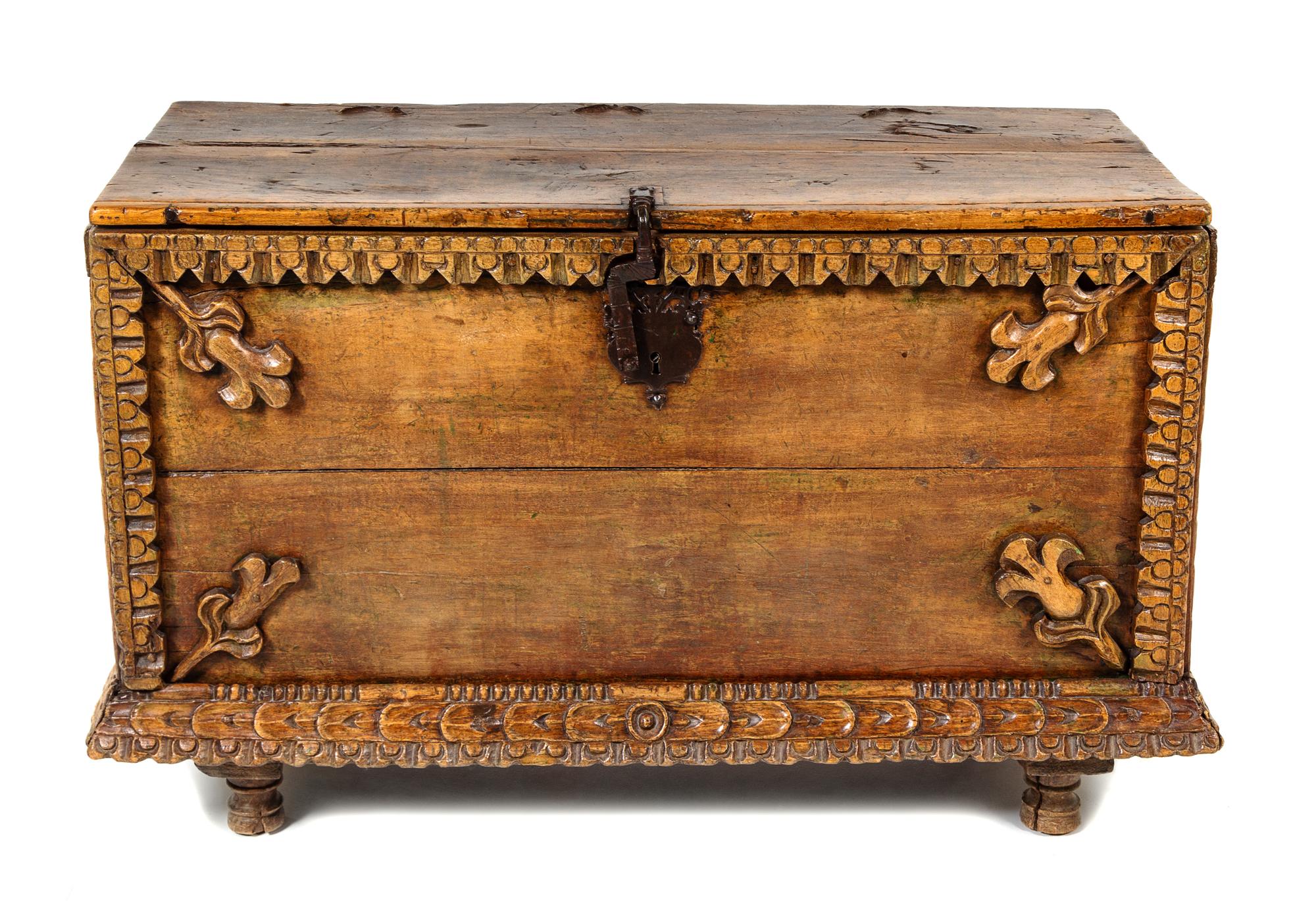 A Spanish Colonial Iron Mounted Trunk Height 32 x width 45 x depth 27 inches. — 18TH CENTURY