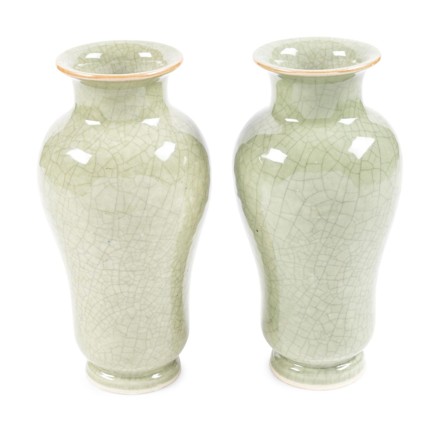 A Pair of Chinese Pale Celadon Crackle Glazed Porcelain Vases