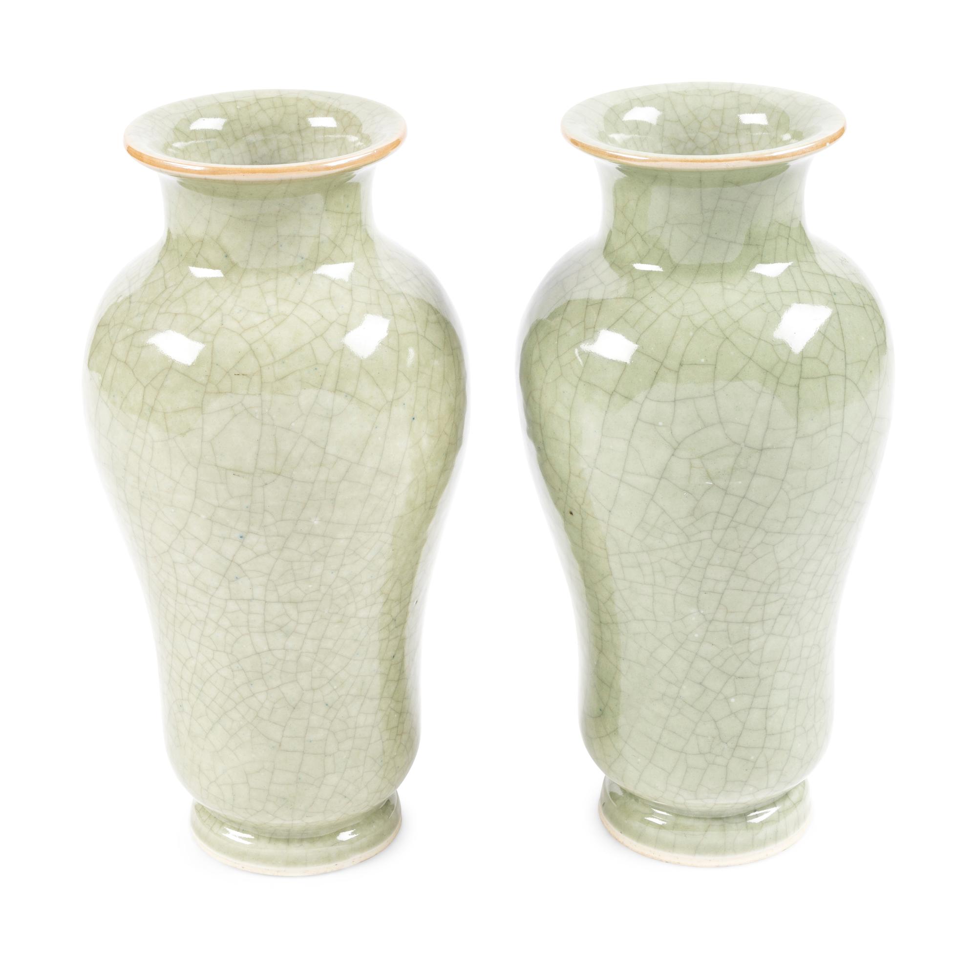 A Pair of Chinese Pale Celadon Crackle Glazed Porcelain Vases