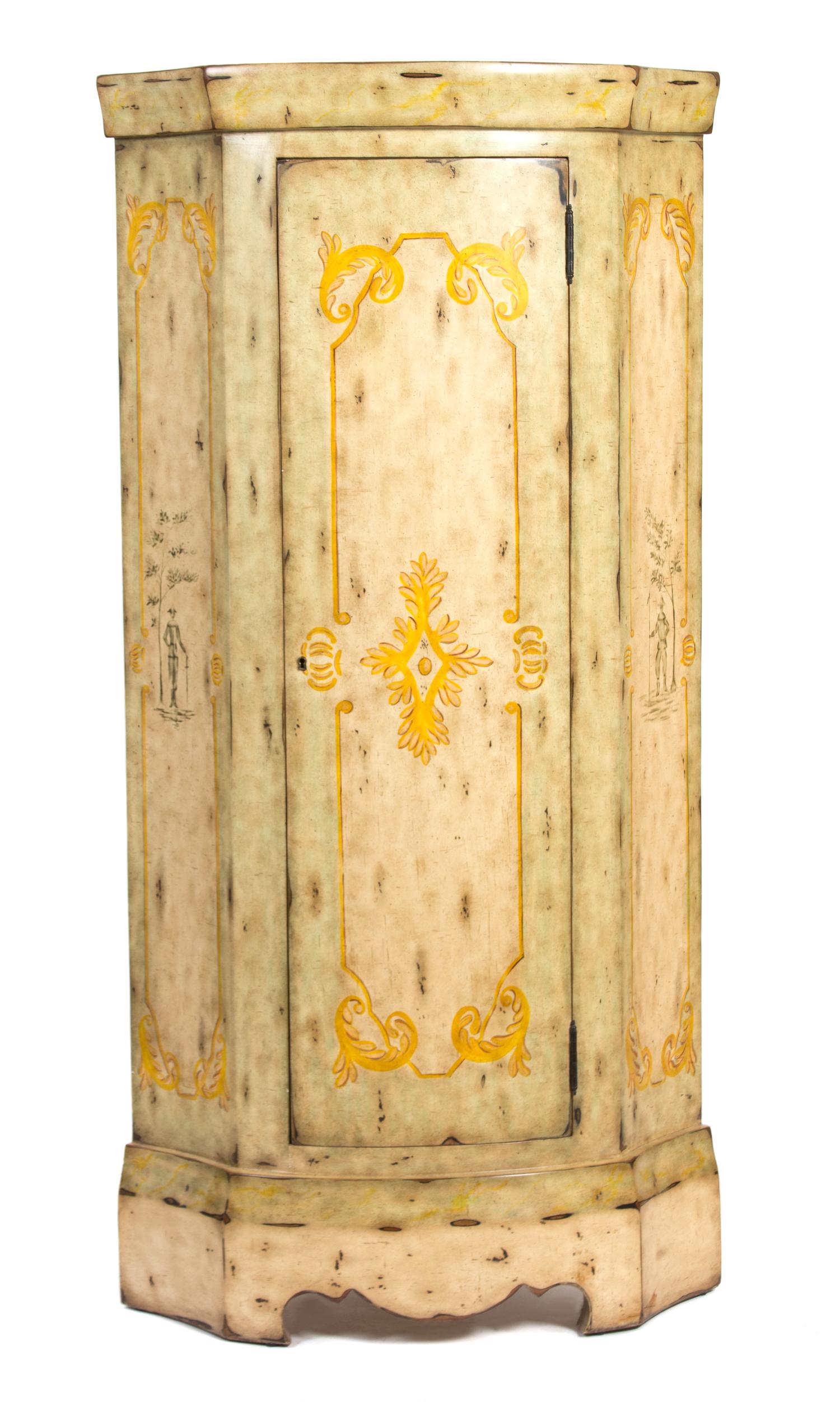 A Venetian Style Faux Vellum Corner Cabinet Height 69 inches. — 20TH CENTURY