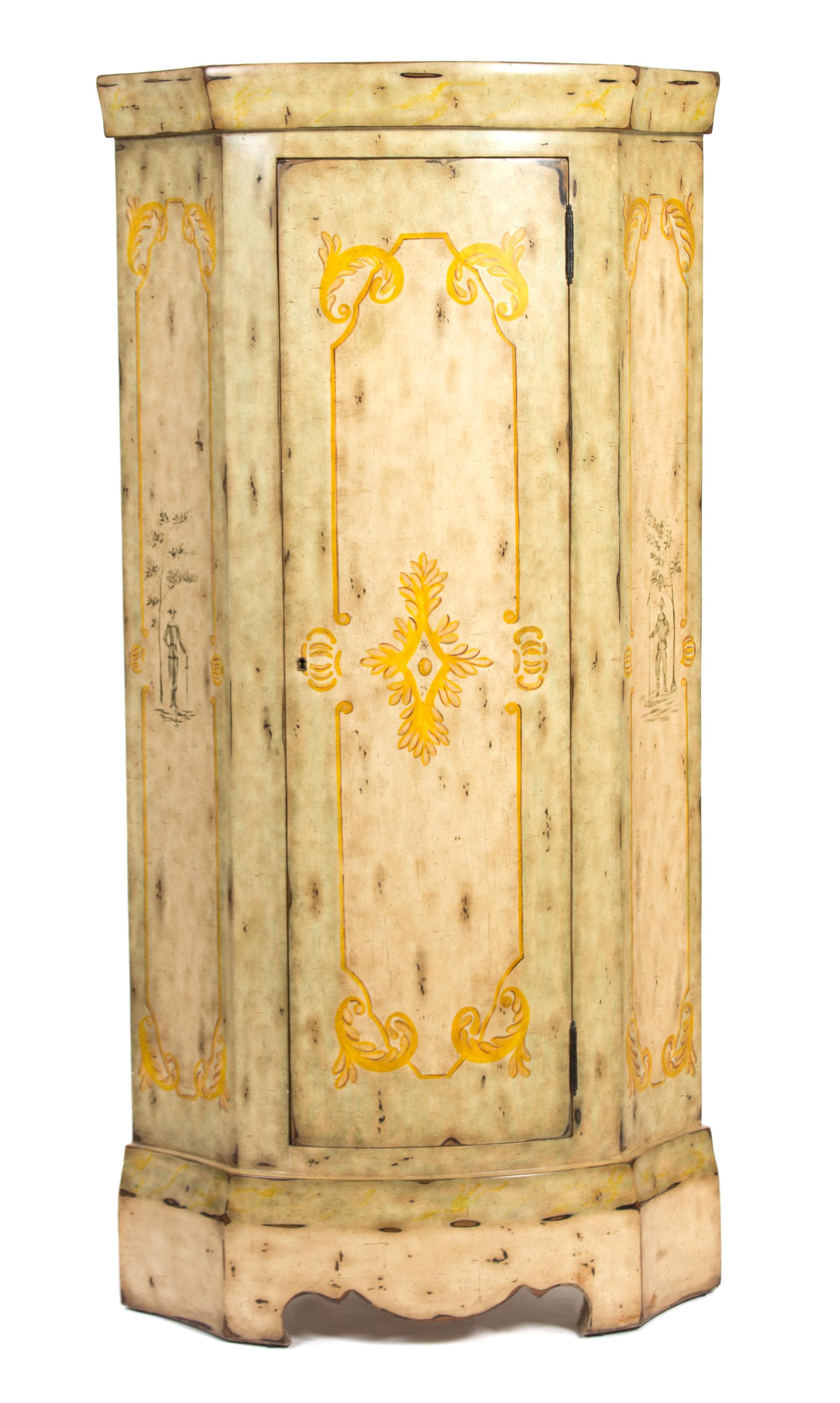 A Venetian Style Faux Vellum Corner Cabinet Height 69 inches. — 20TH CENTURY