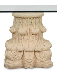 A Glass-Top Dining Table with Dual Composition Pedestal Base