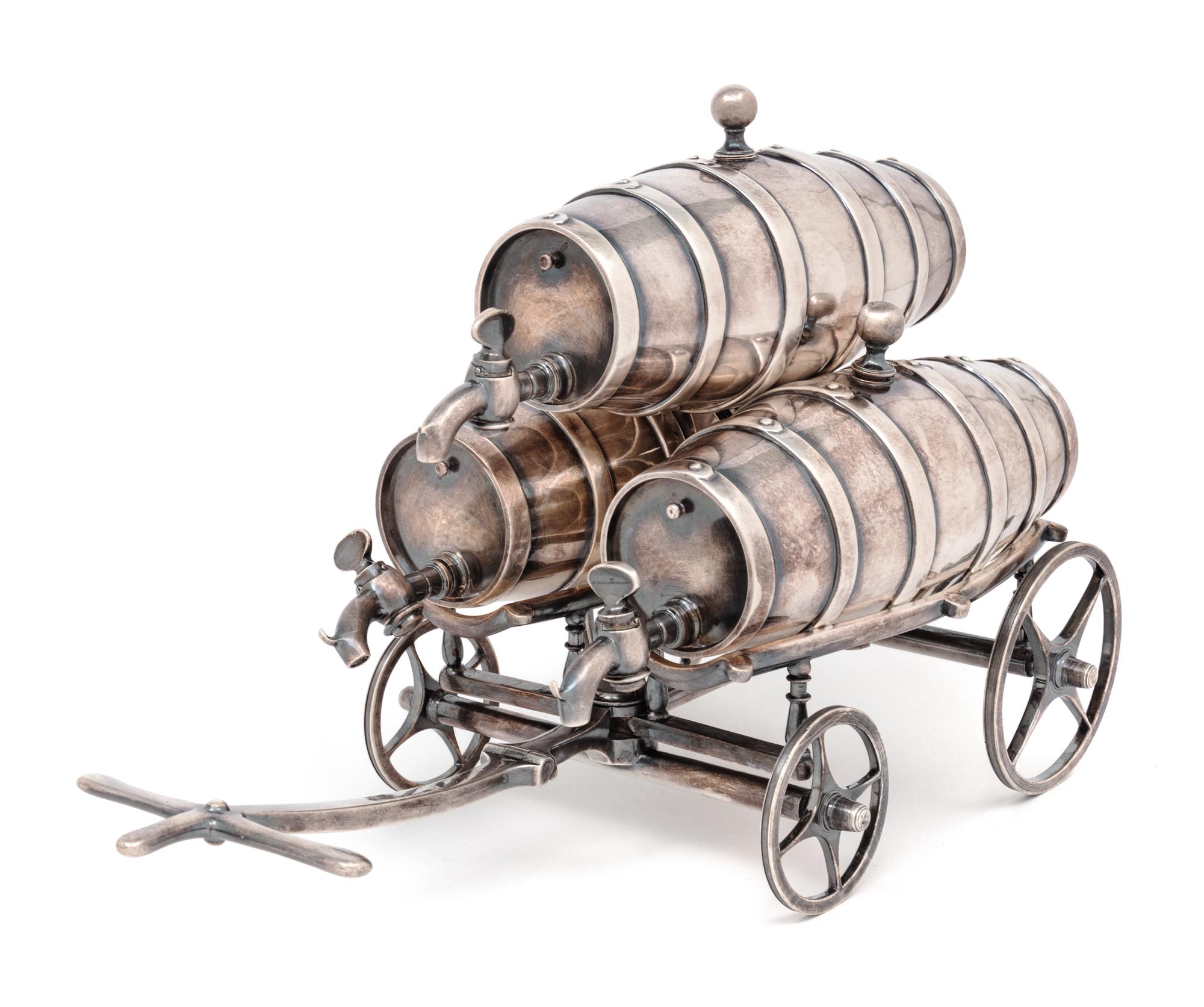 A Victorian Novelty Silver-Plate Triple Spirit Barrel Trolley