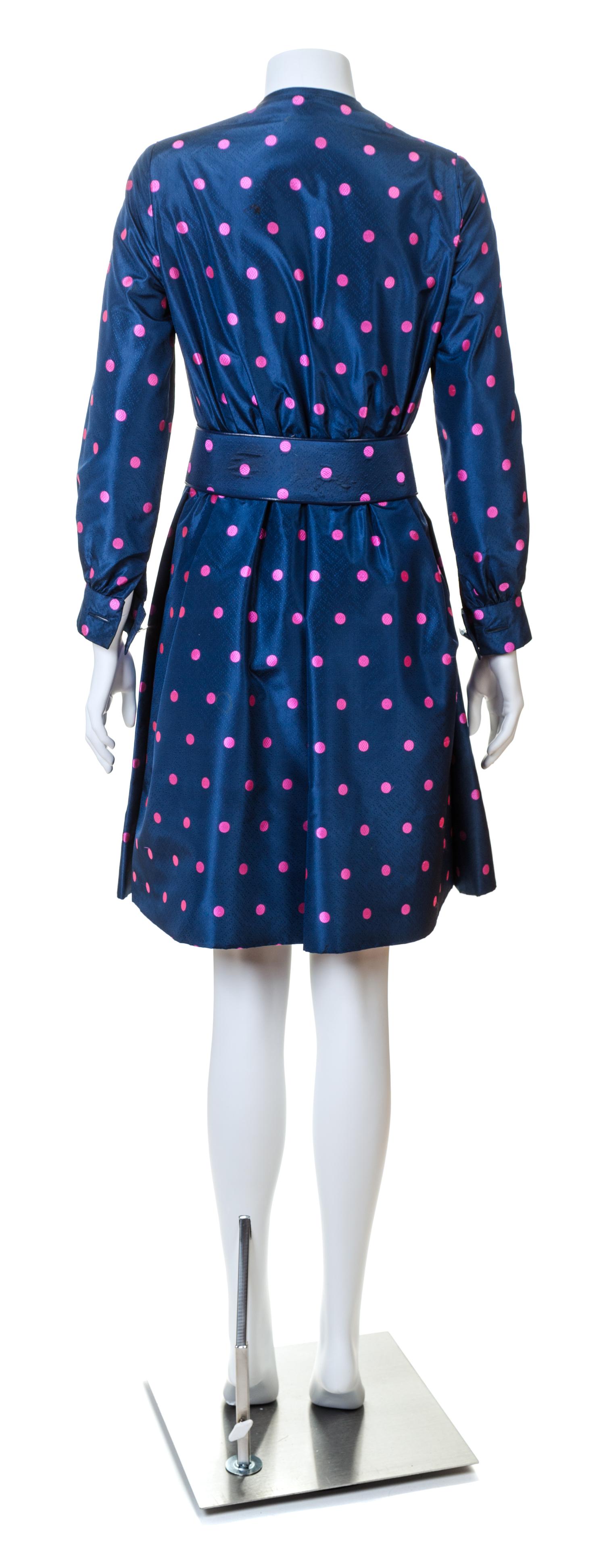 A Galanos Navy and Pink Silk Polka Dot Dress, No size; Belt: 30" x 2.75".