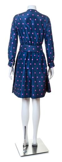 A Galanos Navy and Pink Silk Polka Dot Dress, No size; Belt: 30" x 2.75".