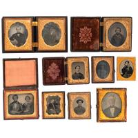 [EARLY PHOTOGRAPHY - PORTRAITURE]. An assorted group of 15 ambrotypes and tintypes featuring men, women, and children, including: