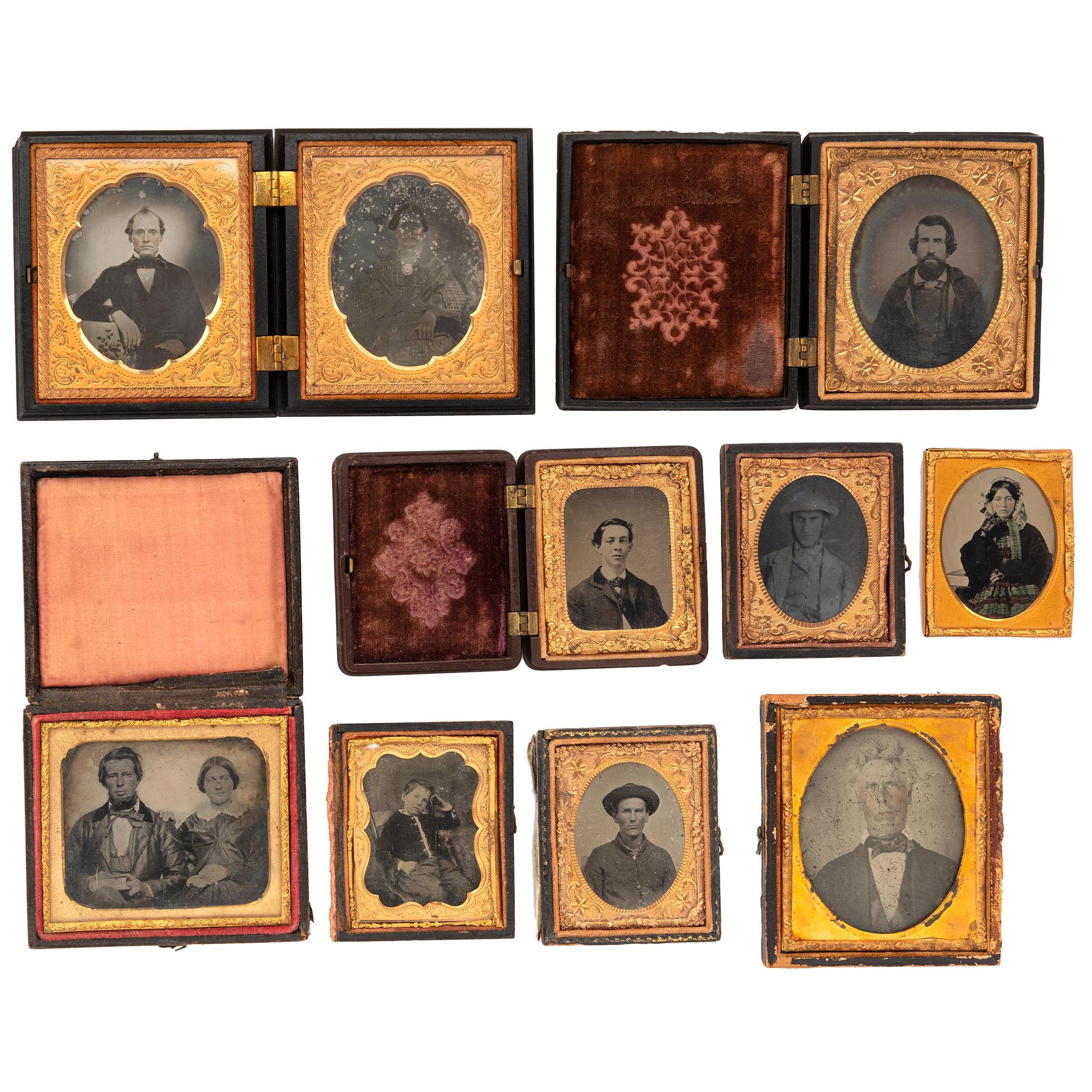 [EARLY PHOTOGRAPHY - PORTRAITURE]. An assorted group of 15 ambrotypes and tintypes featuring men, women, and children, including: