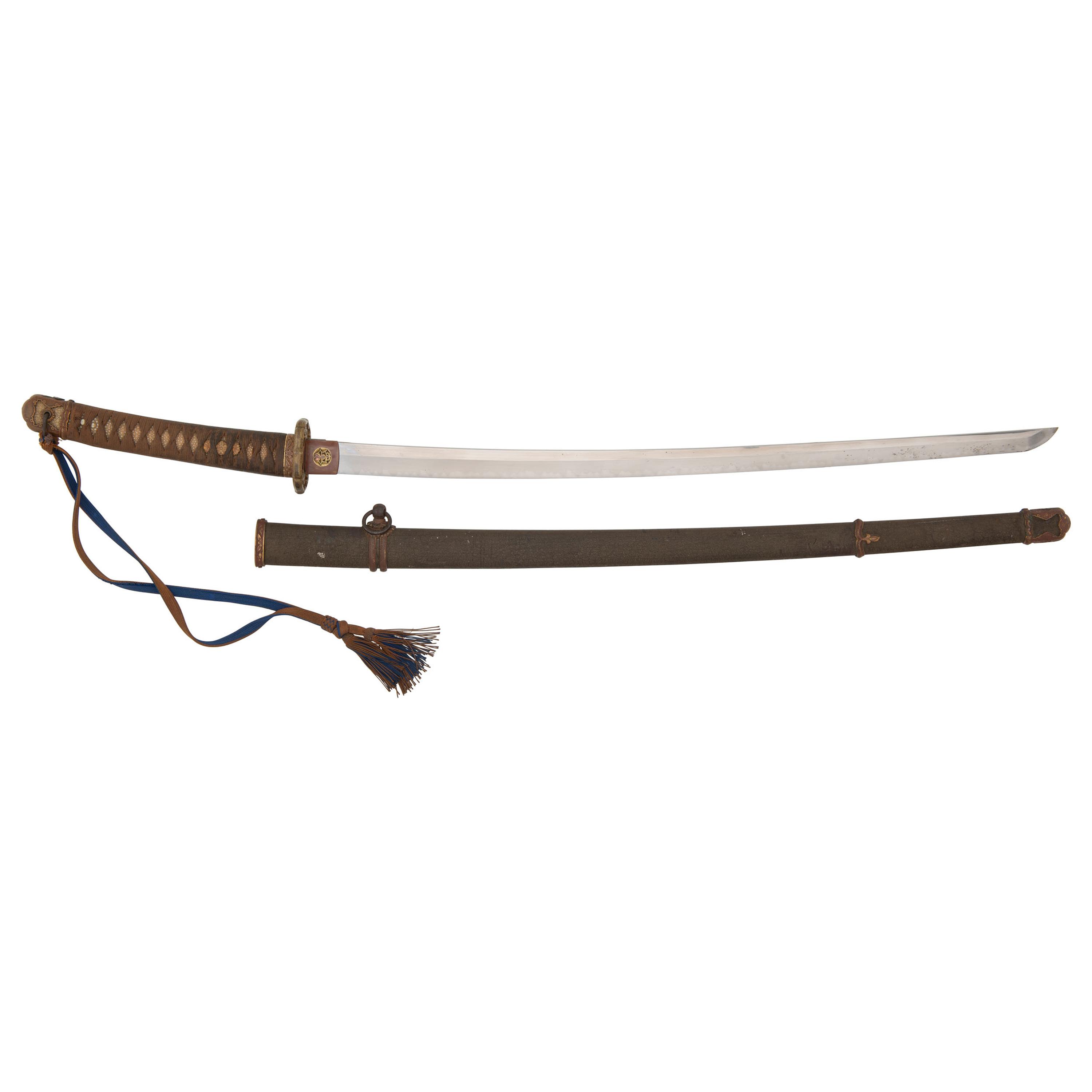 Signed WWII Japanese Shin Gunto with Officer's Sageo and Family Mons to Both Habaki and Kashira