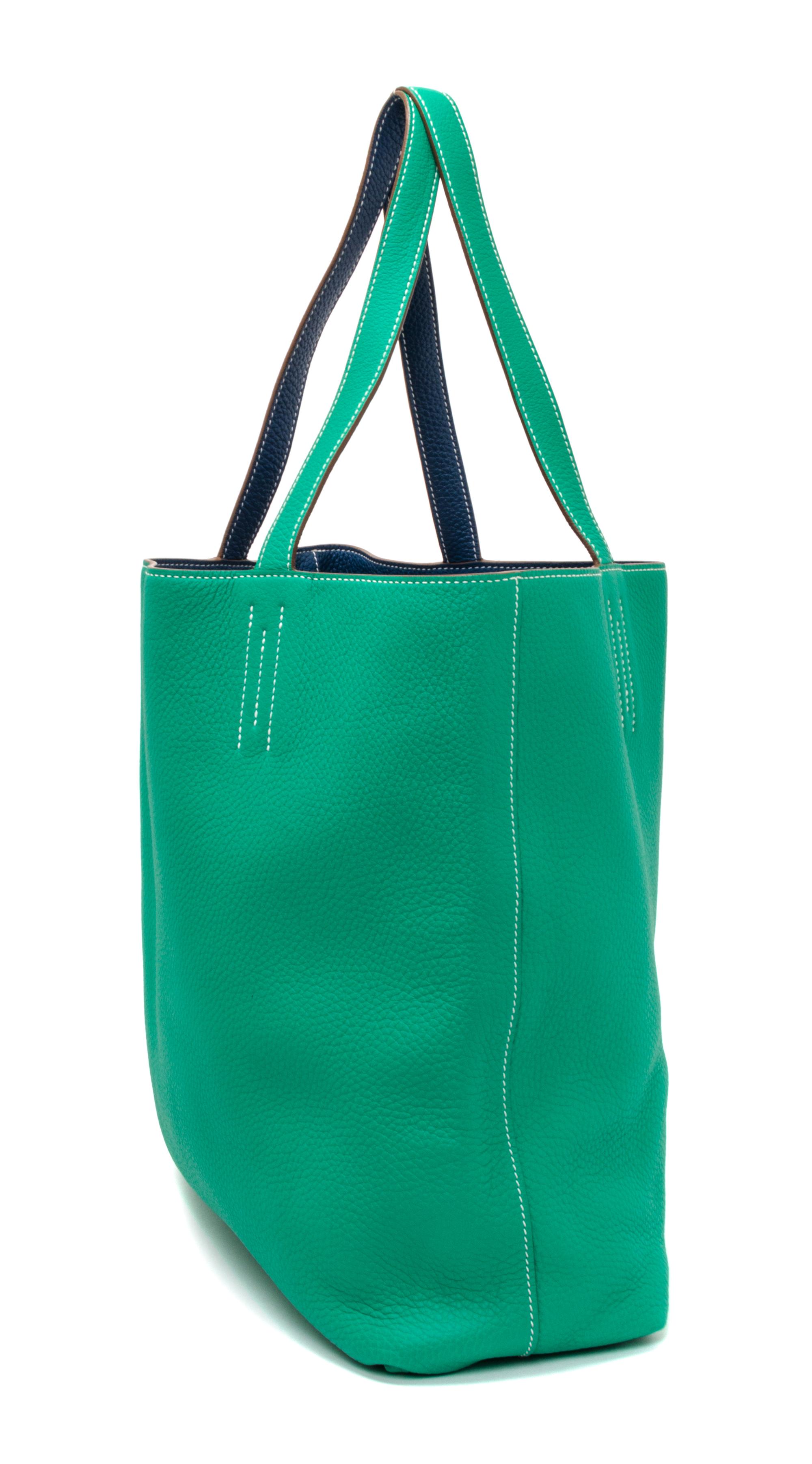 An Hermes Bleu Thalassa/Menthe 45cm Taurillon Clemence Double Sens Tote, 17.5" x 15.5" x 5".