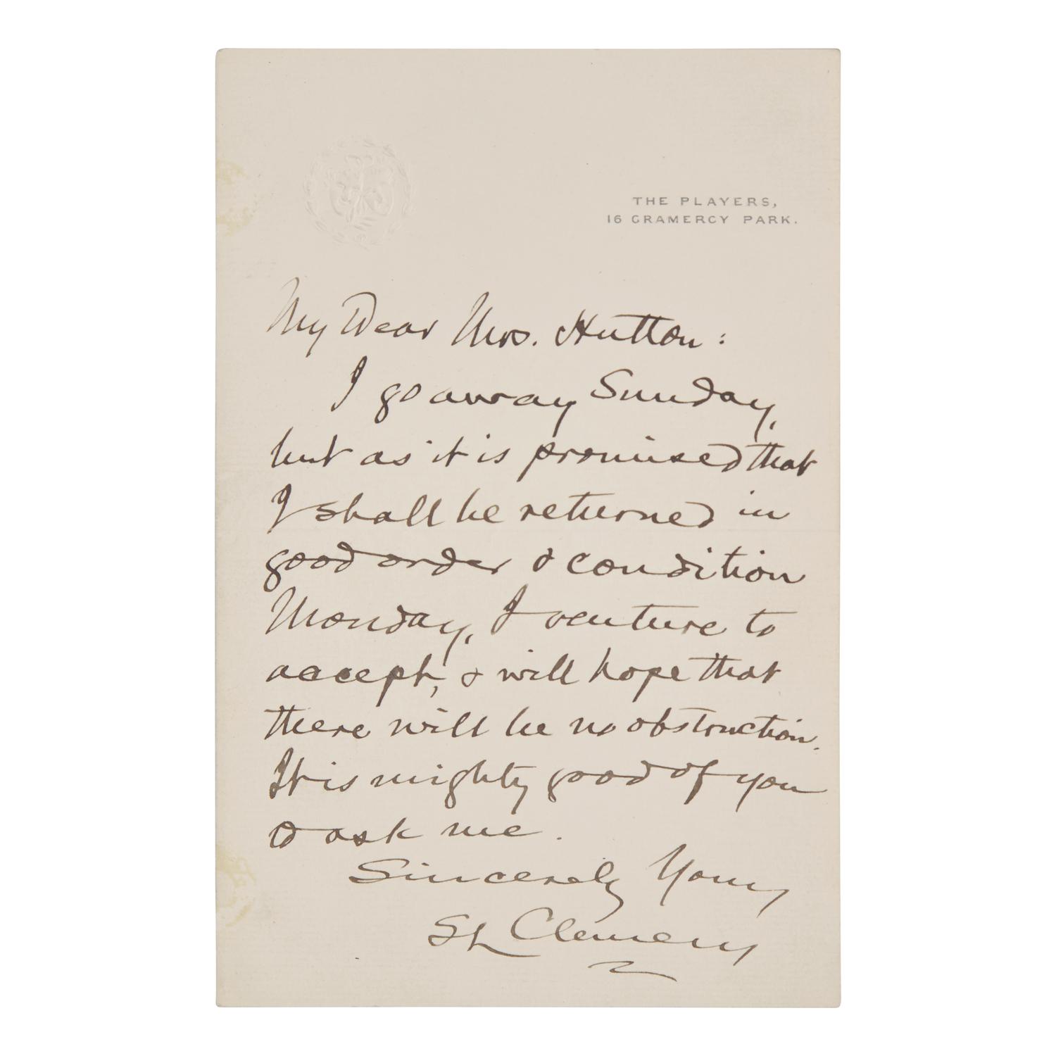 [Literature] Twain, Mark (Samuel L. Clemens) Autograph Letter, signed
