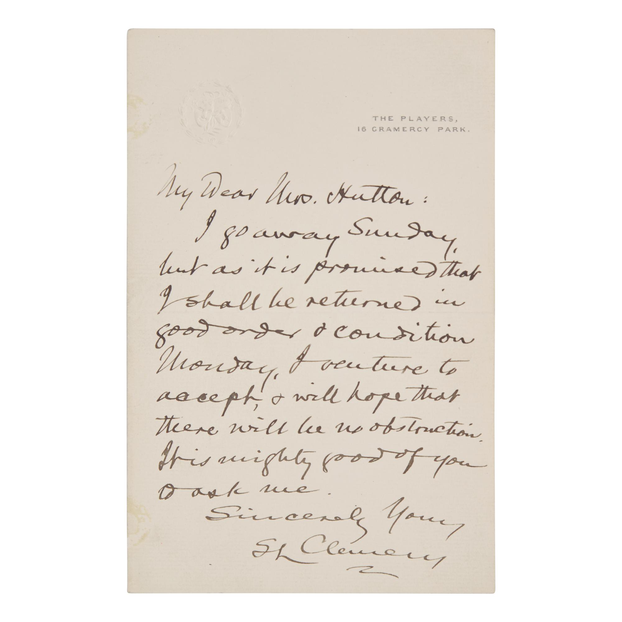 [Literature] Twain, Mark (Samuel L. Clemens) Autograph Letter, signed