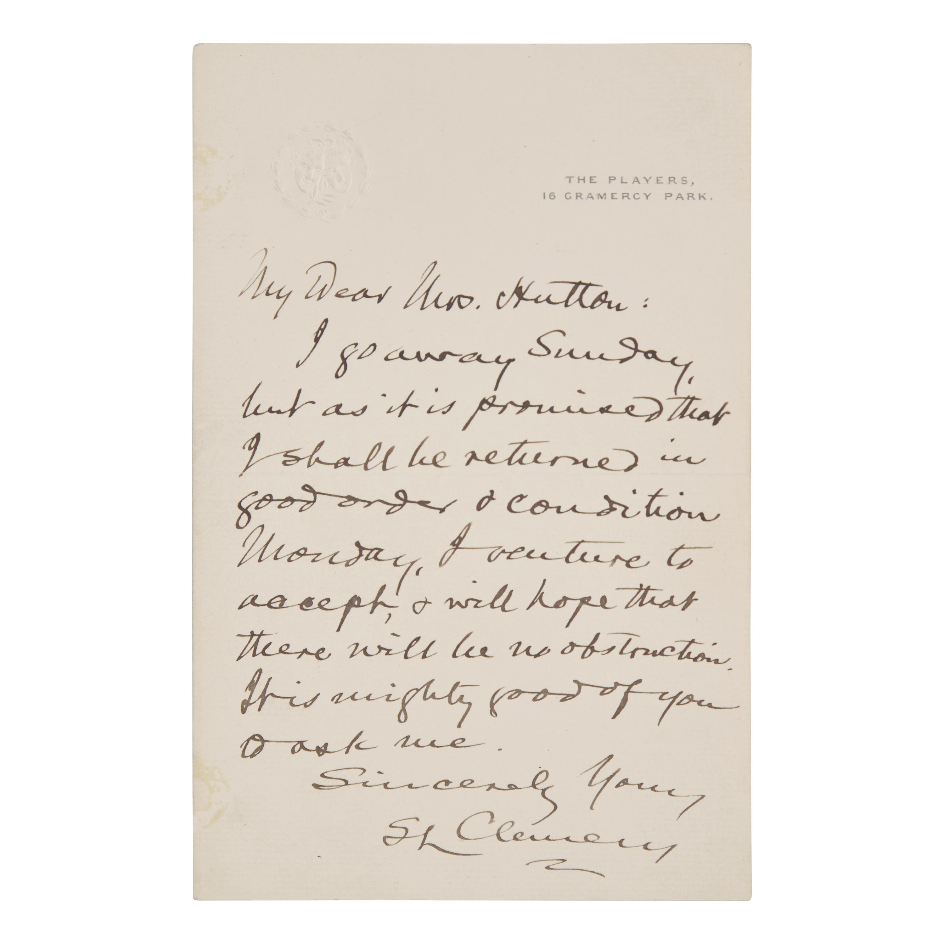 [Literature] Twain, Mark (Samuel L. Clemens) Autograph Letter, signed