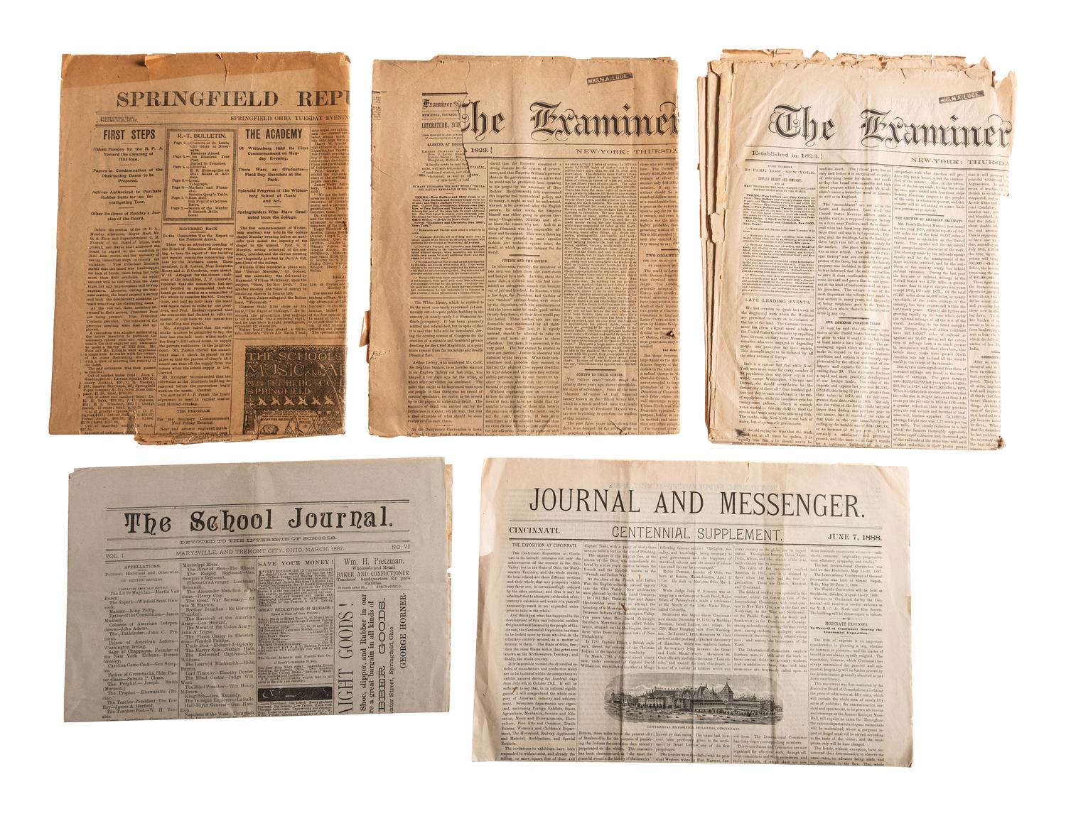 [MISCELLANEOUS PHOTOS AND DOCUMENTS] Lot of 19, including early automobiles, 19th century college catalog, map of Chicago dated Oct. 11, 1871, and more.