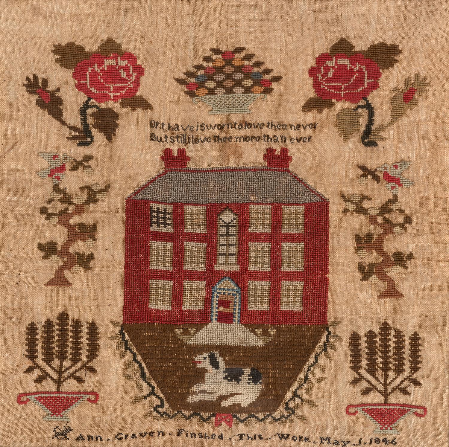 A Needlework Embroidered Pictorial Sampler, Wrought by Ann Craven, 19th Century