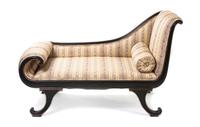 A Regency Style Black Lacquered and Parcel Gilt Recamier, Width 63 inches.