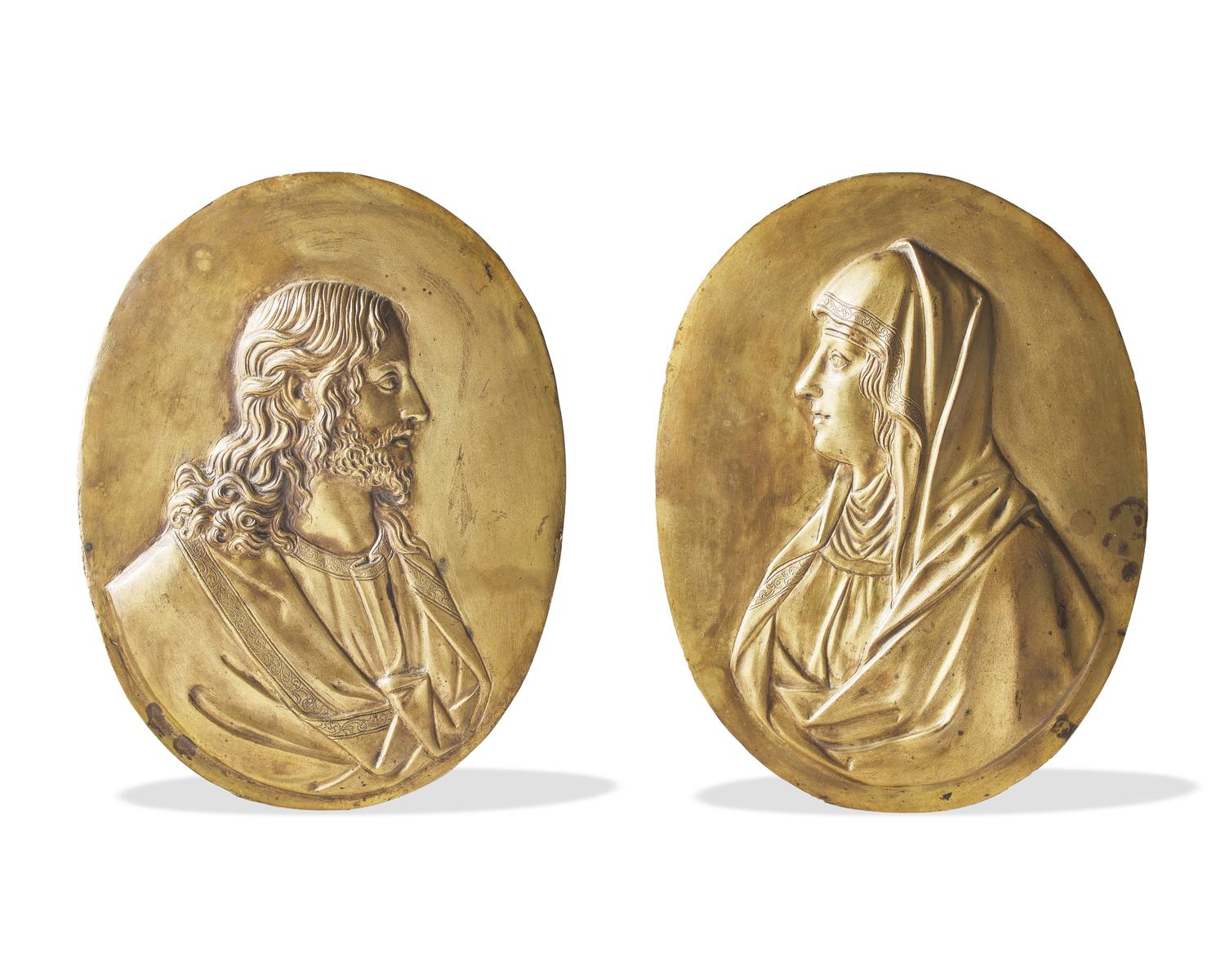Attributed to Guillaume Dupre (French, c. 1575-1642), Two bronze bas relief plaques depicting Christ and the Virgin Mary, 17th century