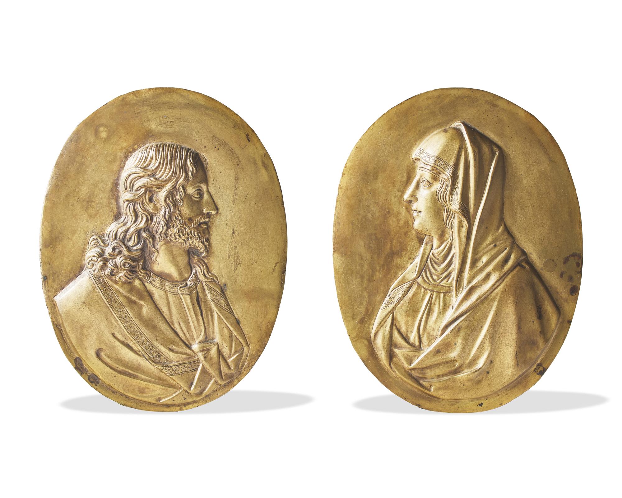 Attributed to Guillaume Dupre (French, c. 1575-1642), Two bronze bas relief plaques depicting Christ and the Virgin Mary, 17th century