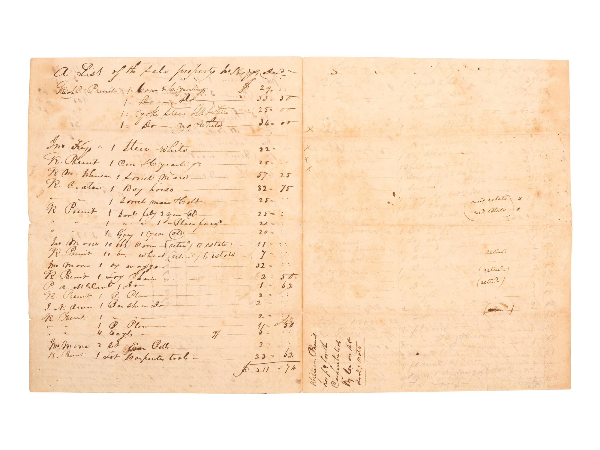 [ENSLAVEMENT & ABOLITION]. Manuscript inventory of property sold from the estate of John Hodges, including enslaved individuals. Lawrence County, Alabama, 24 July 1840.