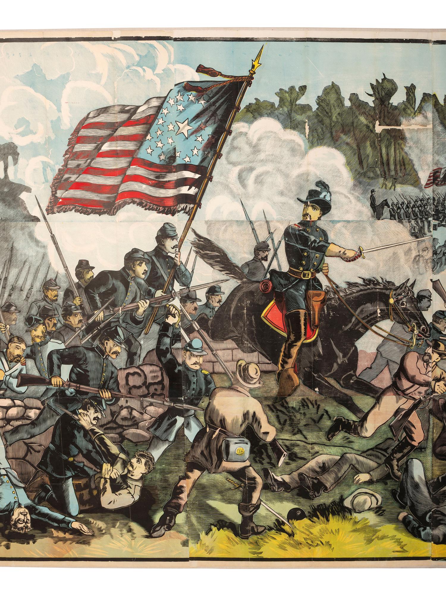 [CIVIL WAR]. Exceptionally large woodcut panorama of a battle scene. Hartford, CT: Calhoun Printing Co., n.d.