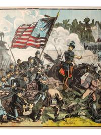 [CIVIL WAR]. Exceptionally large woodcut panorama of a battle scene. Hartford, CT: Calhoun Printing Co., n.d.