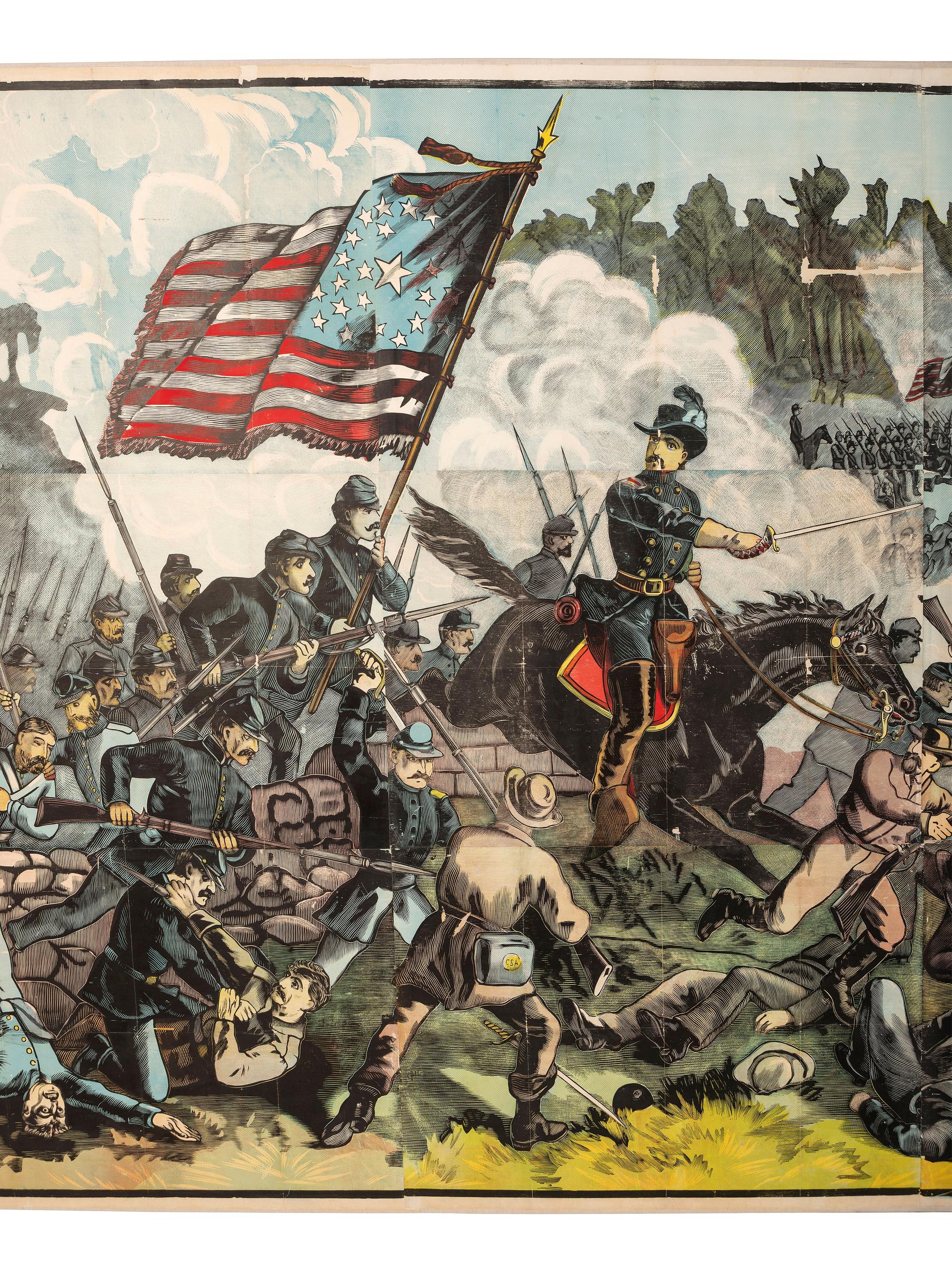 [CIVIL WAR]. Exceptionally large woodcut panorama of a battle scene. Hartford, CT: Calhoun Printing Co., n.d.