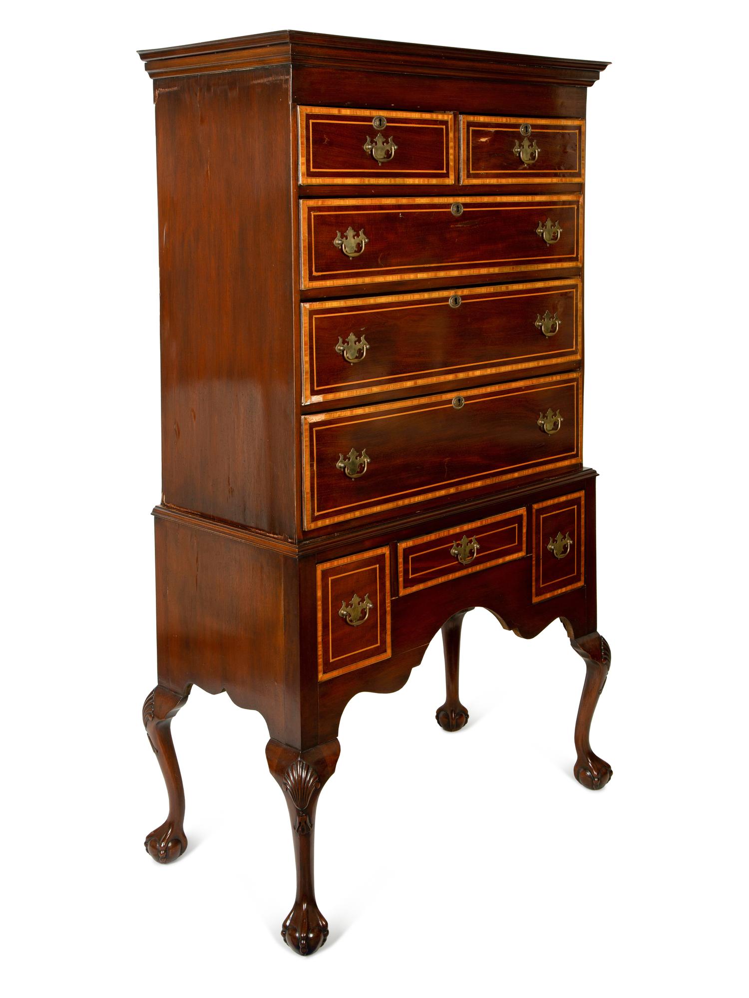 A Queen Anne Style Mahogany and Satinwood High Chest