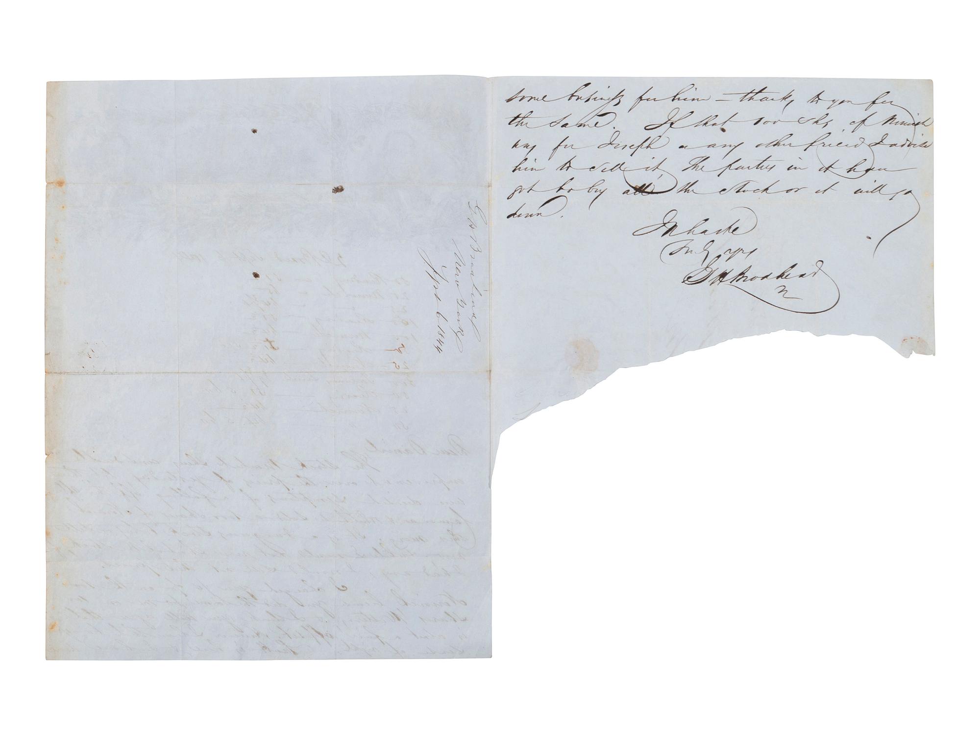 [POLITICS]. Huzza! Huzza! The Country's risin' For Henry Clay and Frelinghuysen . Illustrated letter sheet. New York: Narine & Durant, 1844.