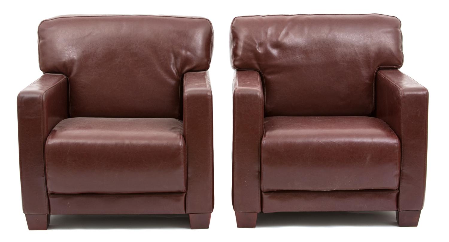 A Pair of Brown Leatherette Arm Chairs Height 32 7/8 x width 32 x depth 32 inches. — 20TH CENTURY